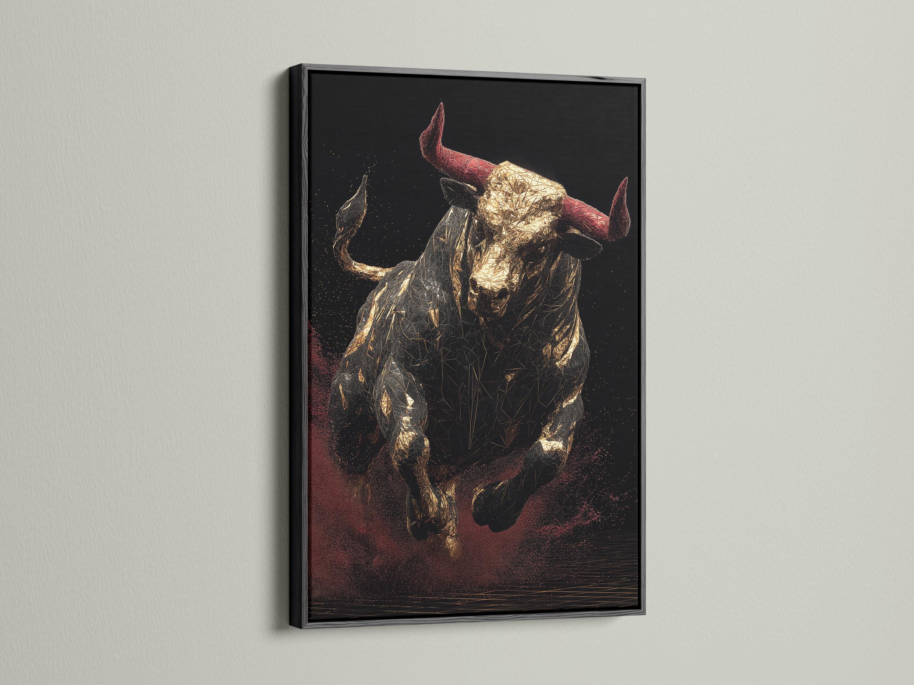 Geometric bull with gold facets, muted red horns and a dark speckled background detail view