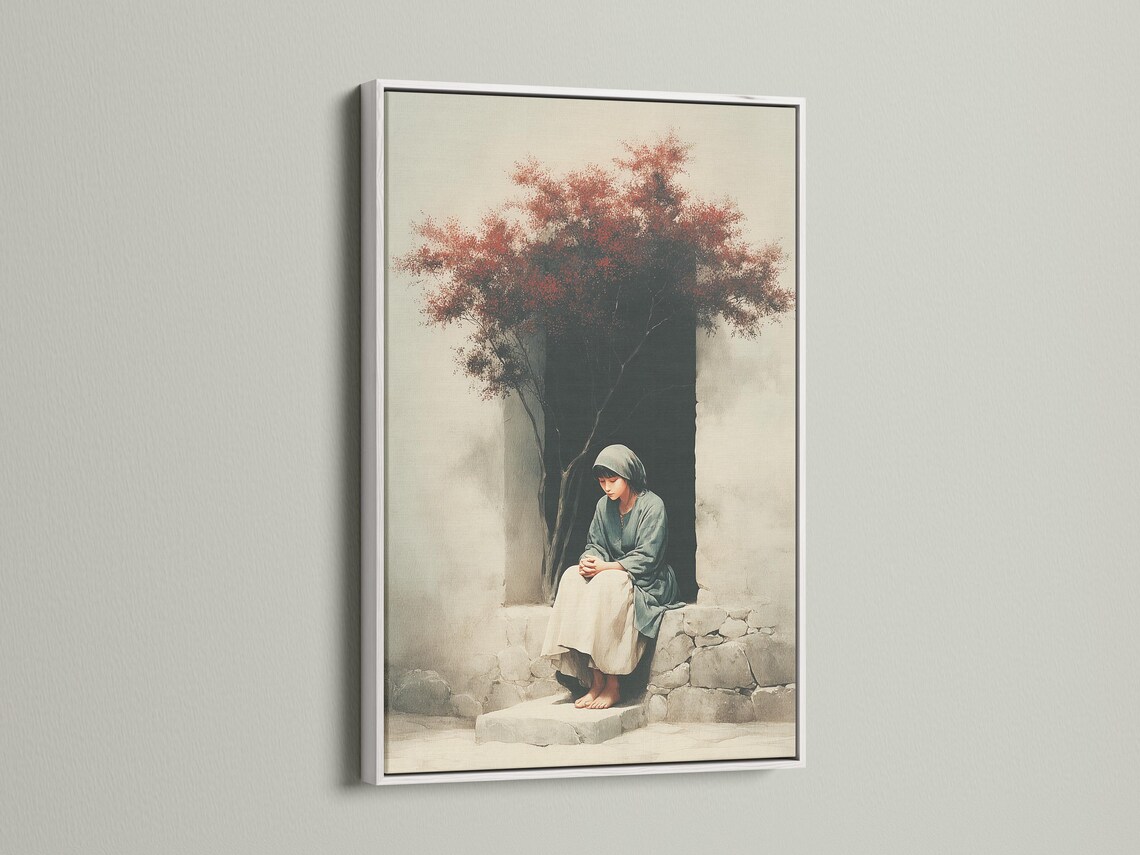 Seated hooded figure by cracked stone steps with dark tree trunk and speckled red foliage canopy detail view