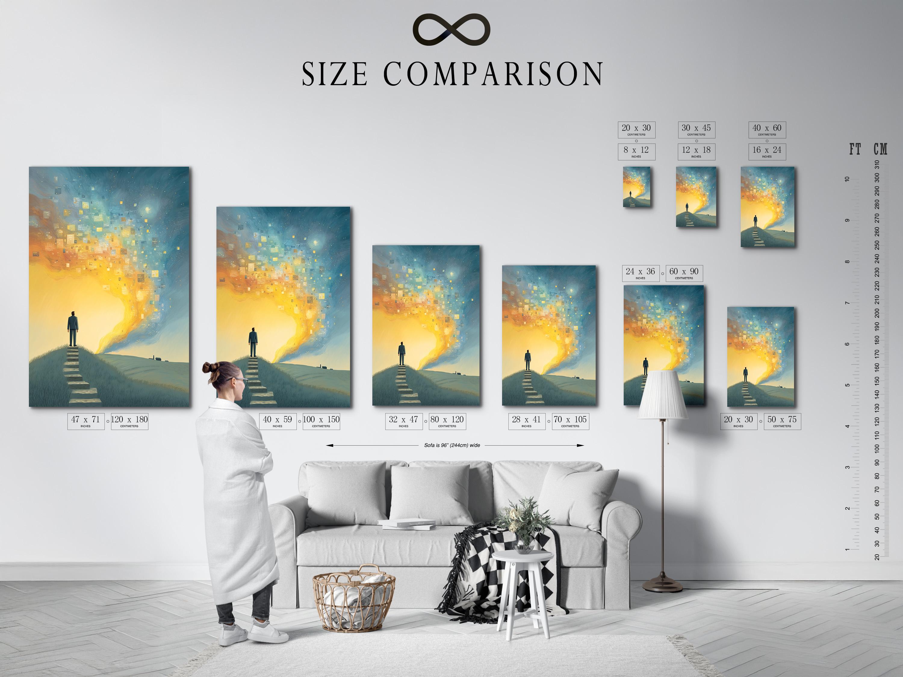 Wall mockup showing framed blue and gold surreal steps artwork