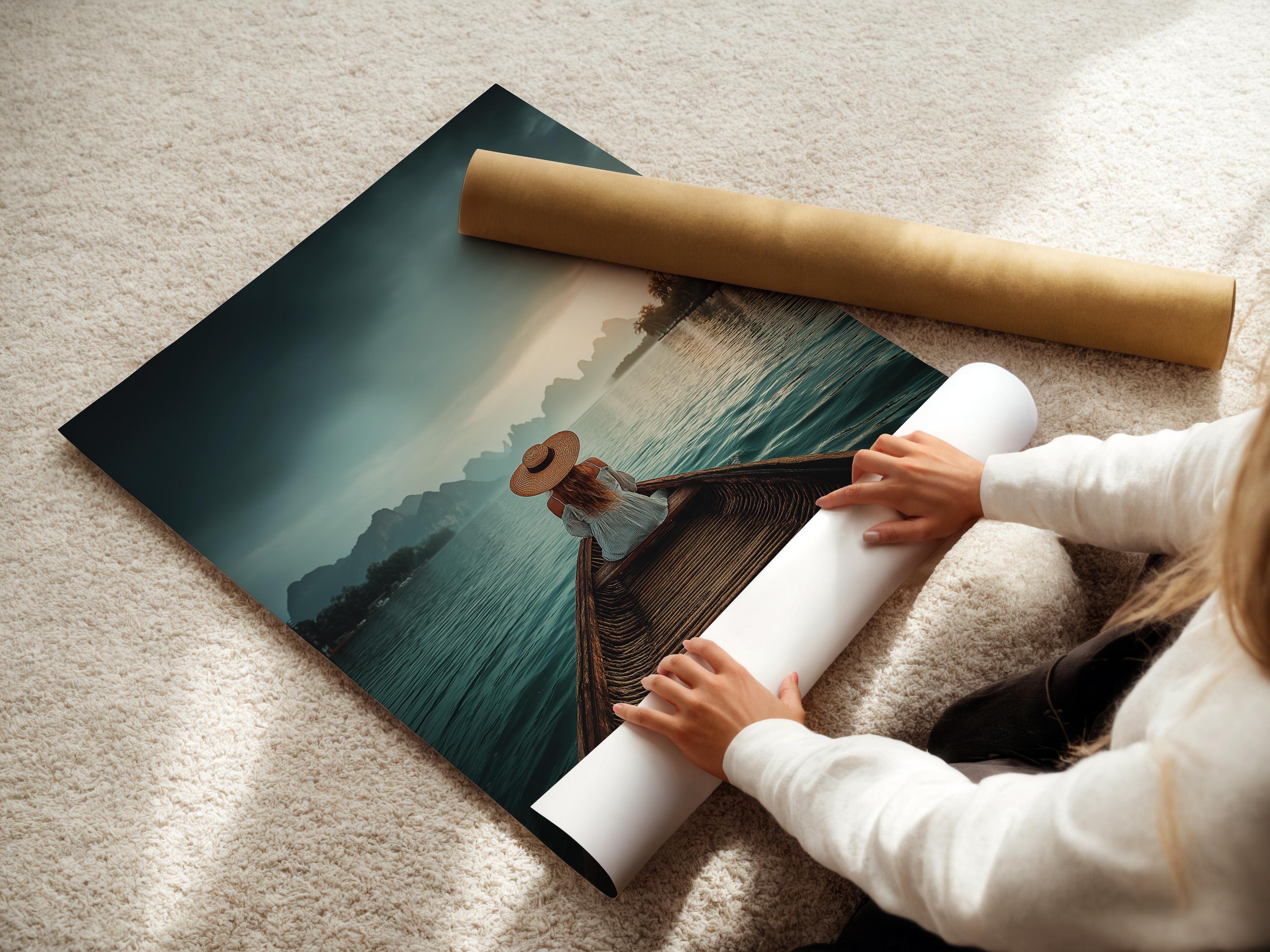 Woman in straw hat sits on a boat facing calm teal water, mountains and a warm sunrise sky detail view