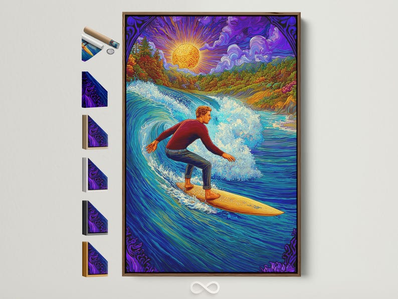 Psychedelic surfer scene with a glowing sun and vibrant ocean waves, in blue, purple and gold tones