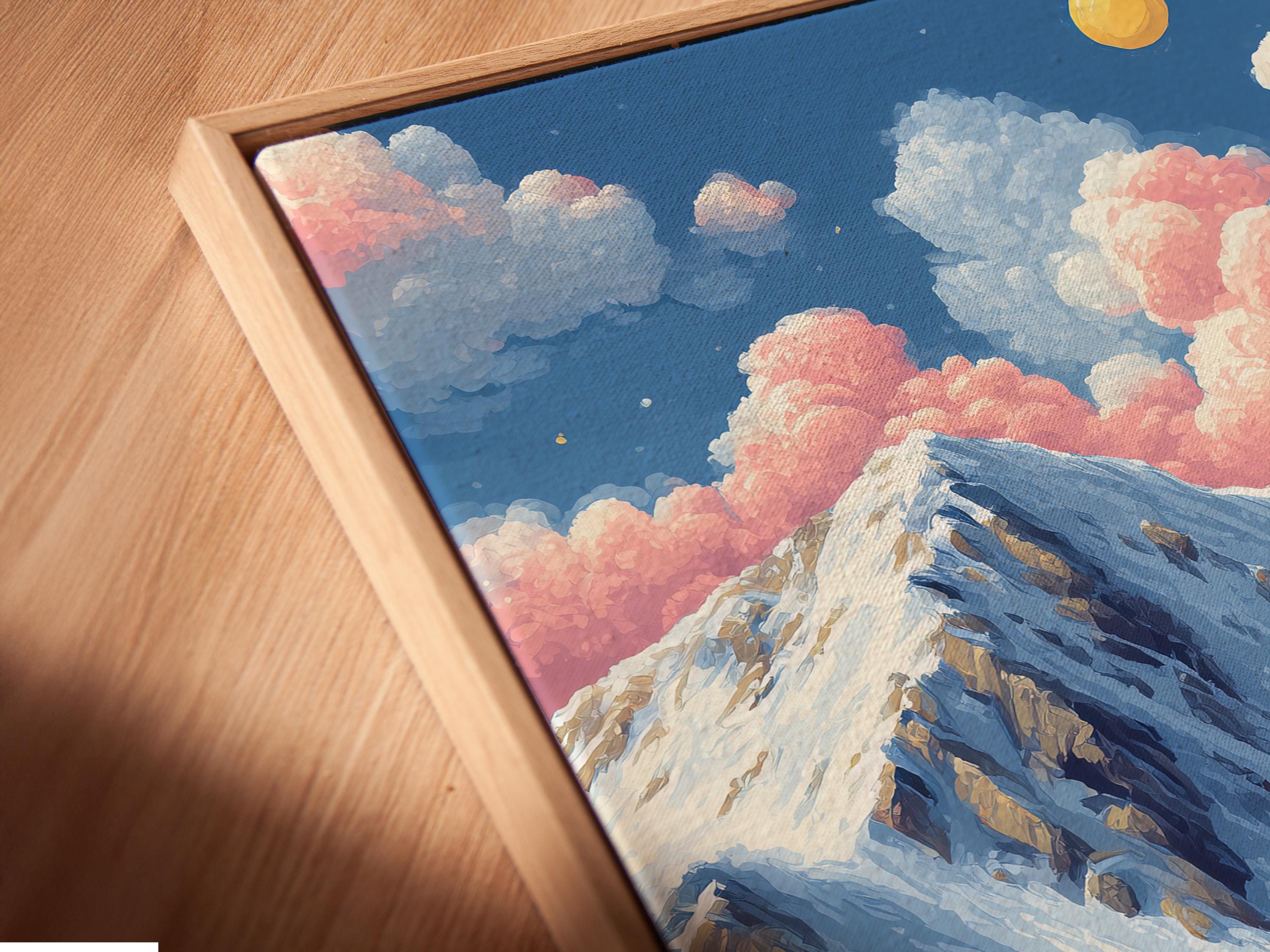 Winter mountain ski resort illustration with a diagonal chairlift, gondolas, skiers, snowy slopes and pink clouds detail view