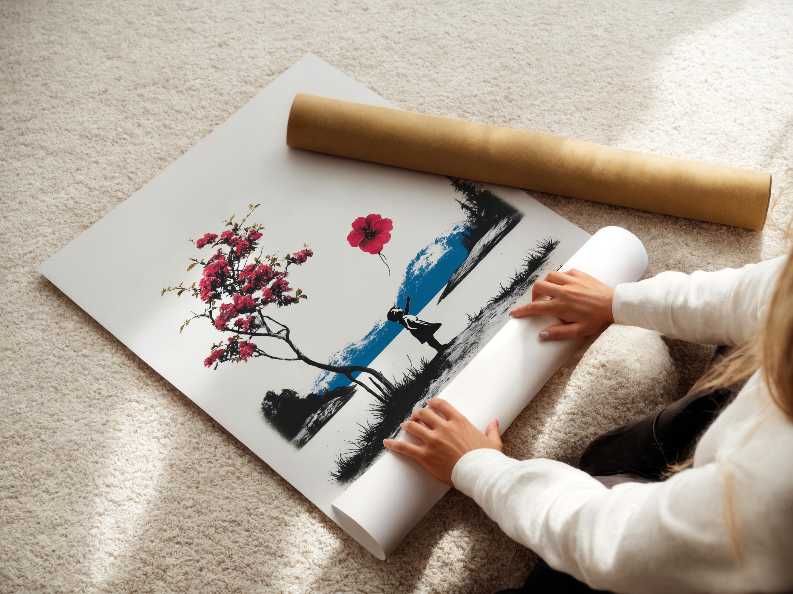 Room mockup showing a framed artwork of a silhouetted girl holding a red balloon in a black-and-white landscape