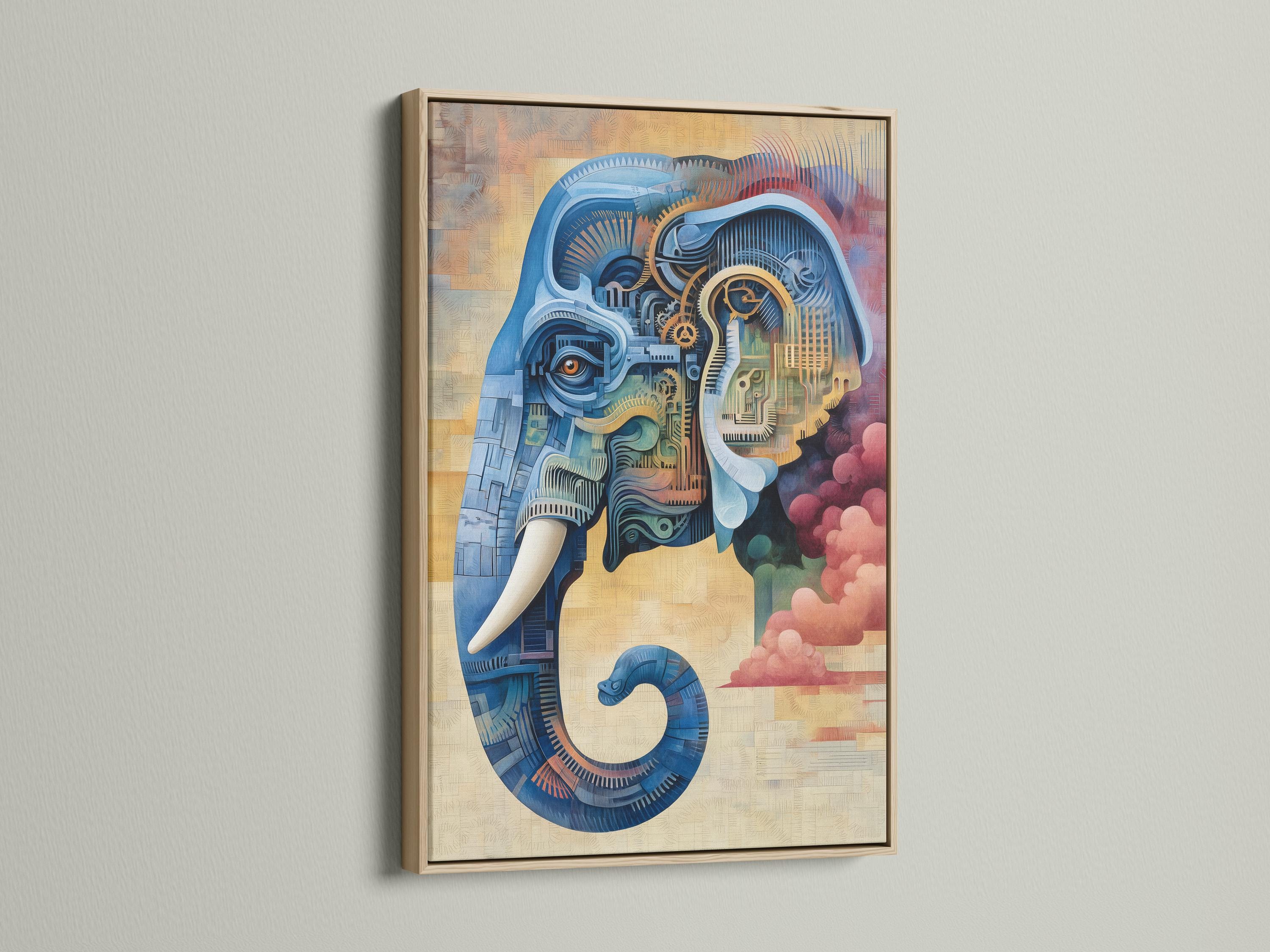 Steampunk-style elephant illustration in blue with gold gear details detail view