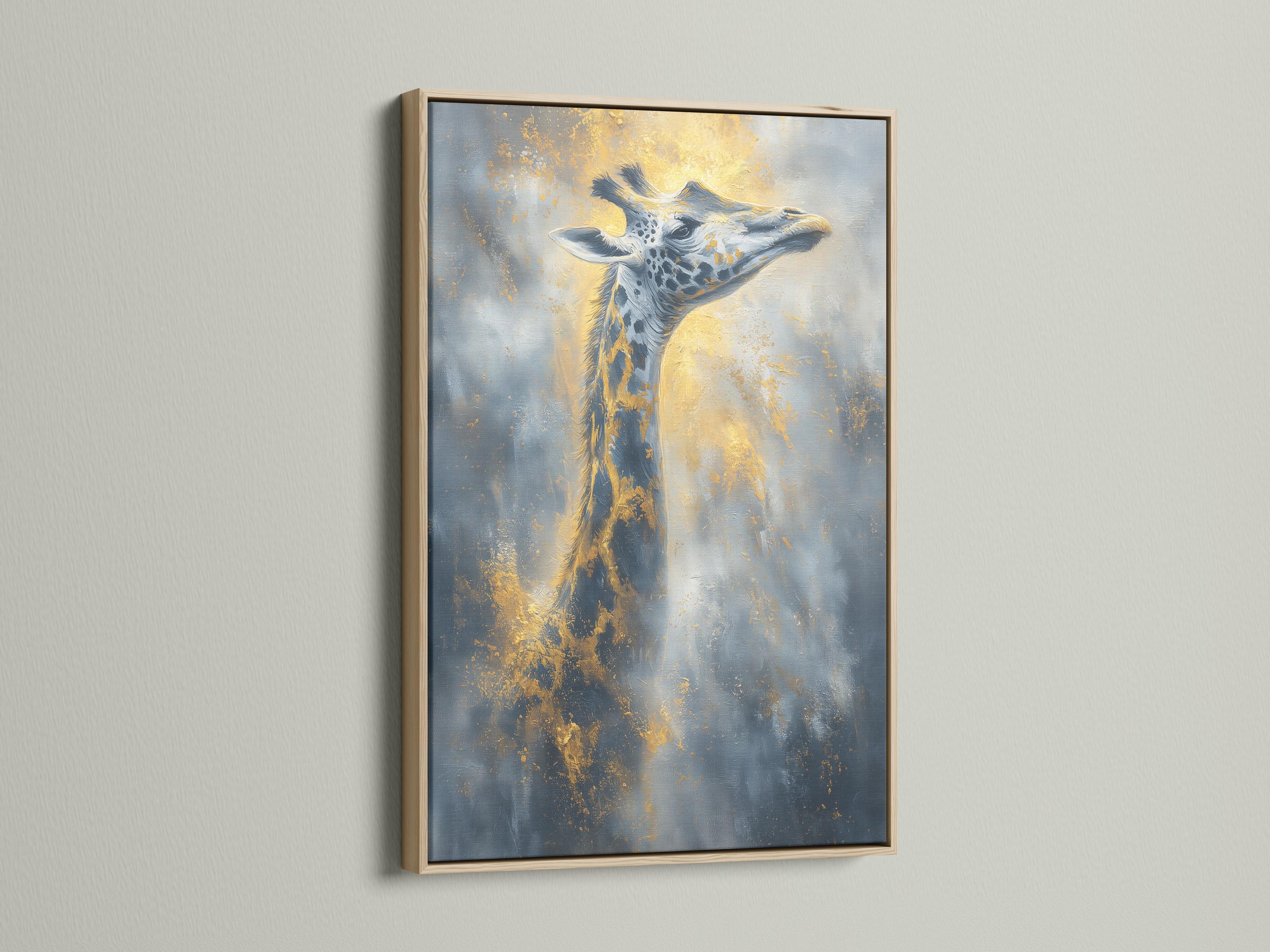 Stylised giraffe portrait in blue and grey with warm gold highlights and speckled texture detail view