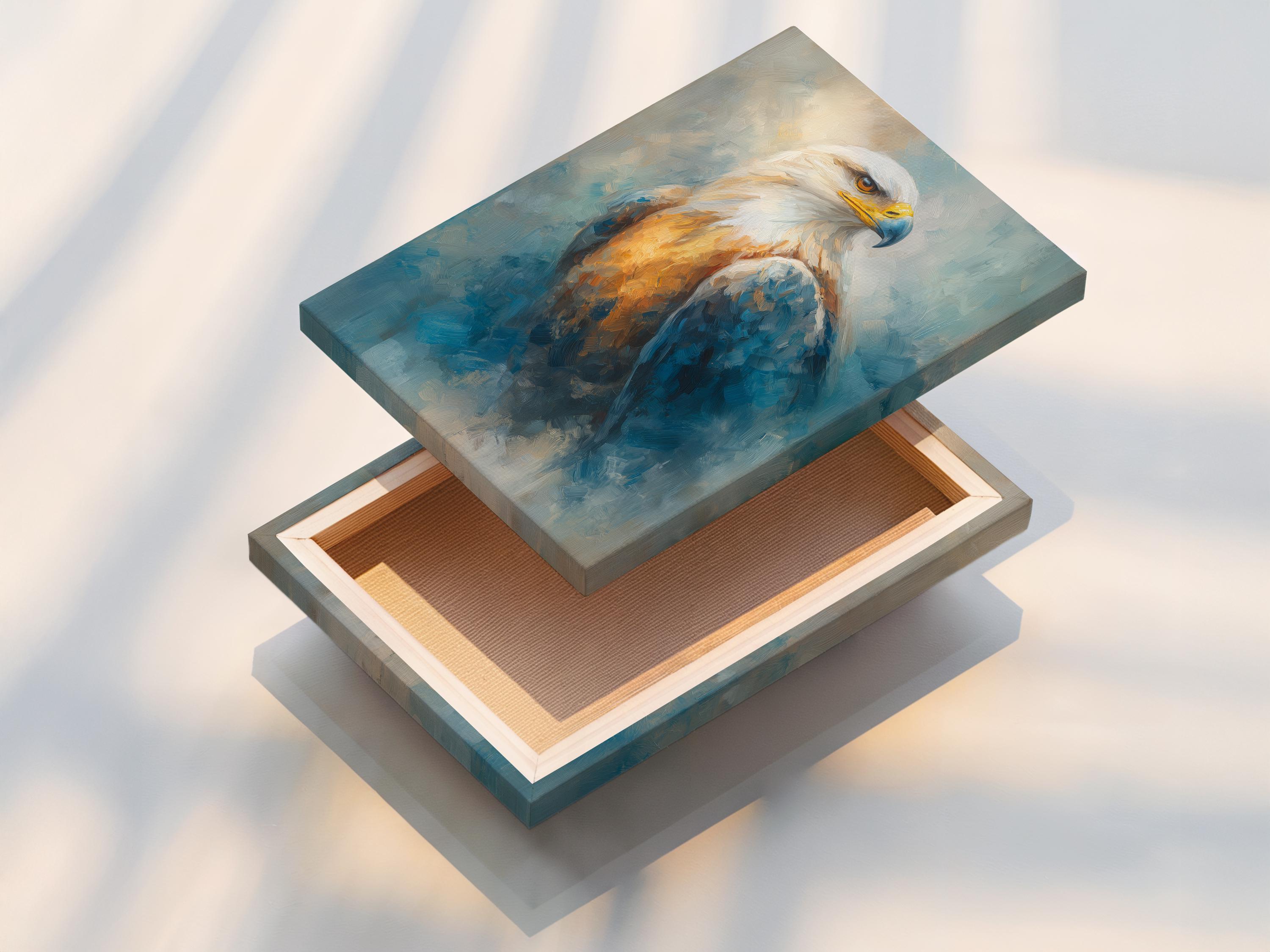 Room mockup showing framed eagle wall art with teal-blue and gold tones