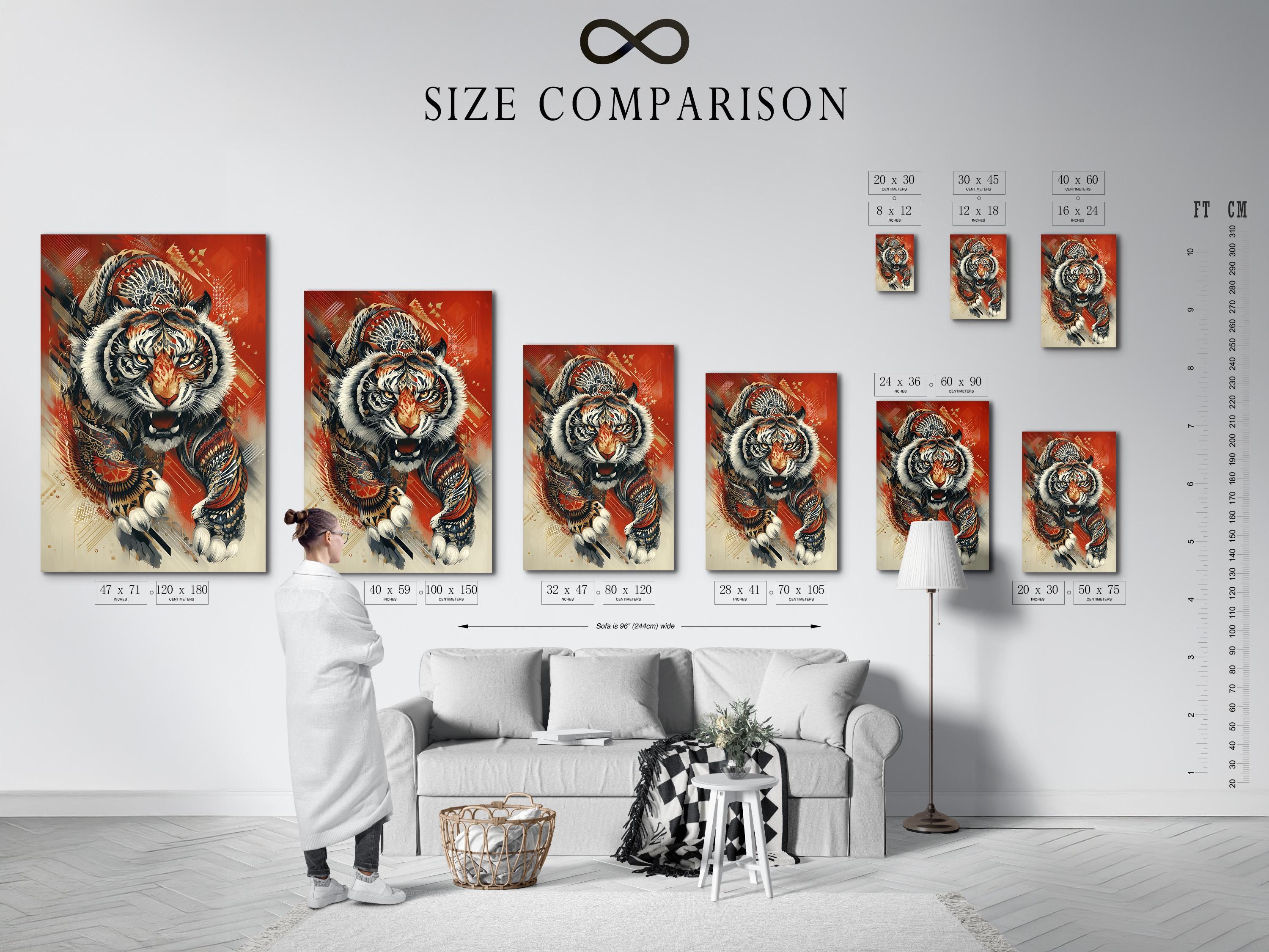 Roaring tiger wall artwork shown with wall mounting options and frame mockups on a light background