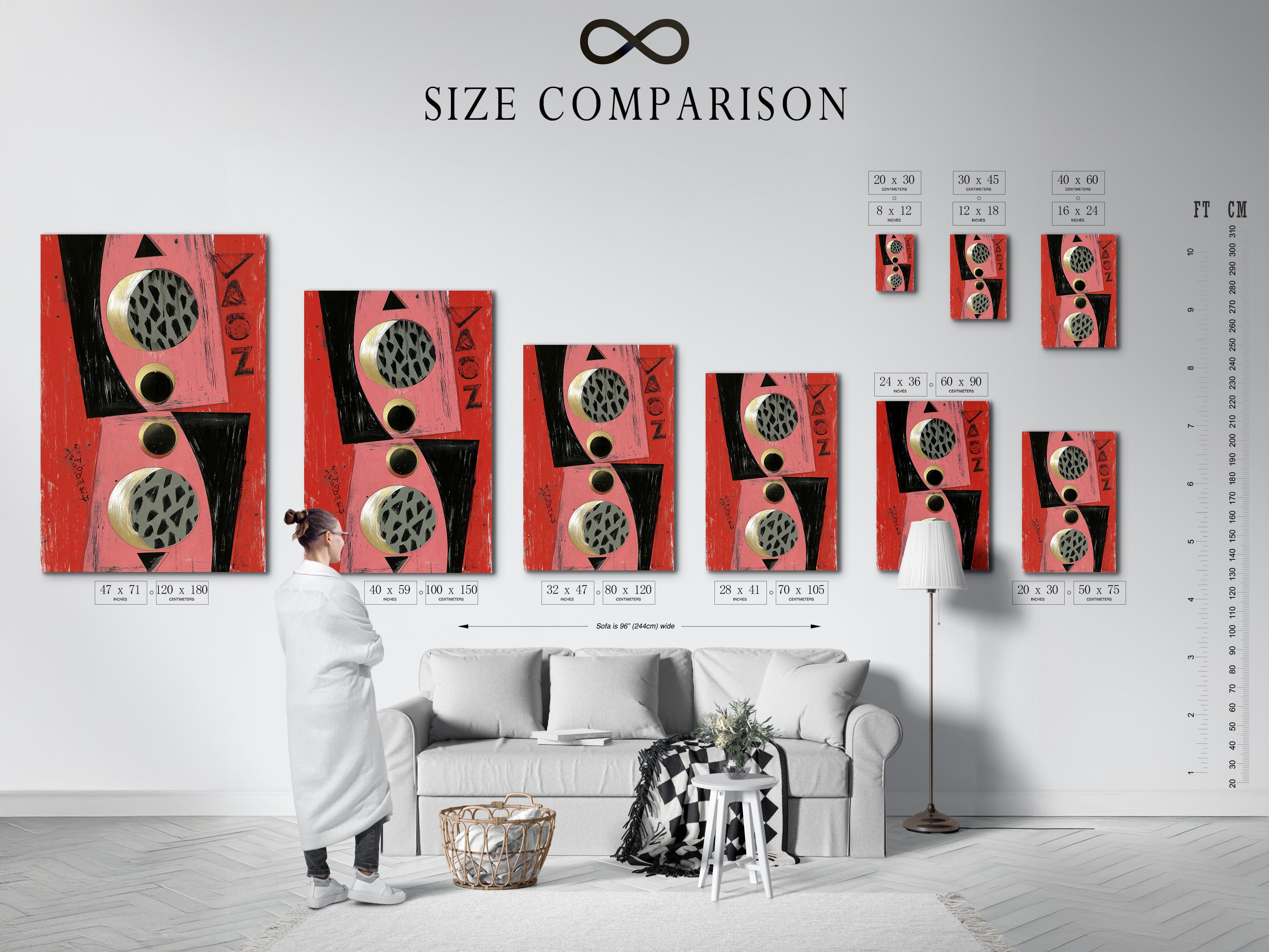 Abstract geometric artwork with coral and pink background, black shapes and gold-ring circles detail view