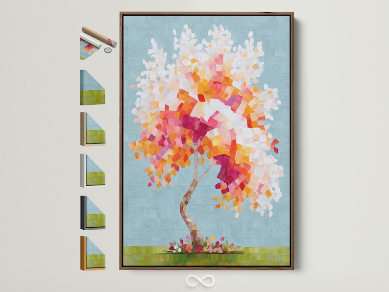 Colourful abstract tree with a mosaic canopy in pink, orange and yellow on a blue textured background