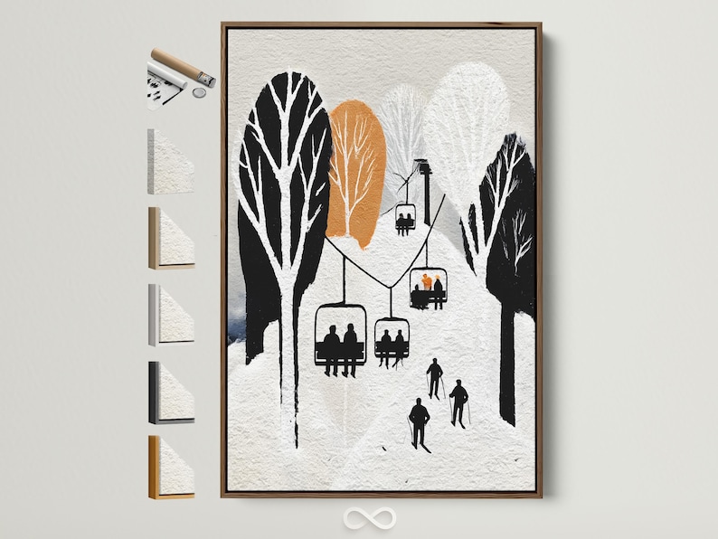 Minimalist winter ski lift scene with black silhouettes, skiers, trees and warm orange circles