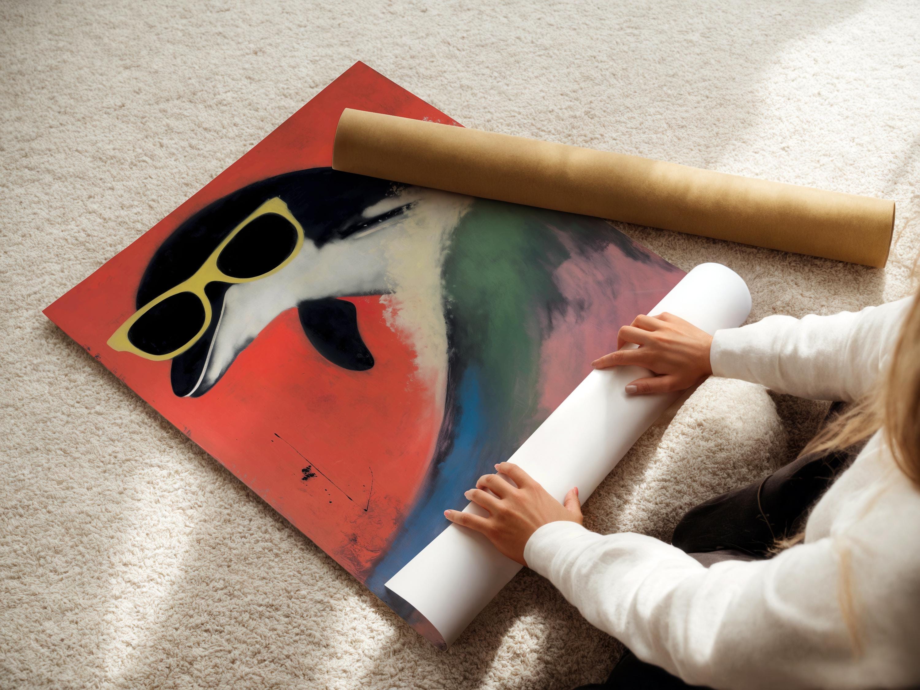 Stylised dolphin wearing oversized sunglasses against a coral red background with teal wave-like colours detail view