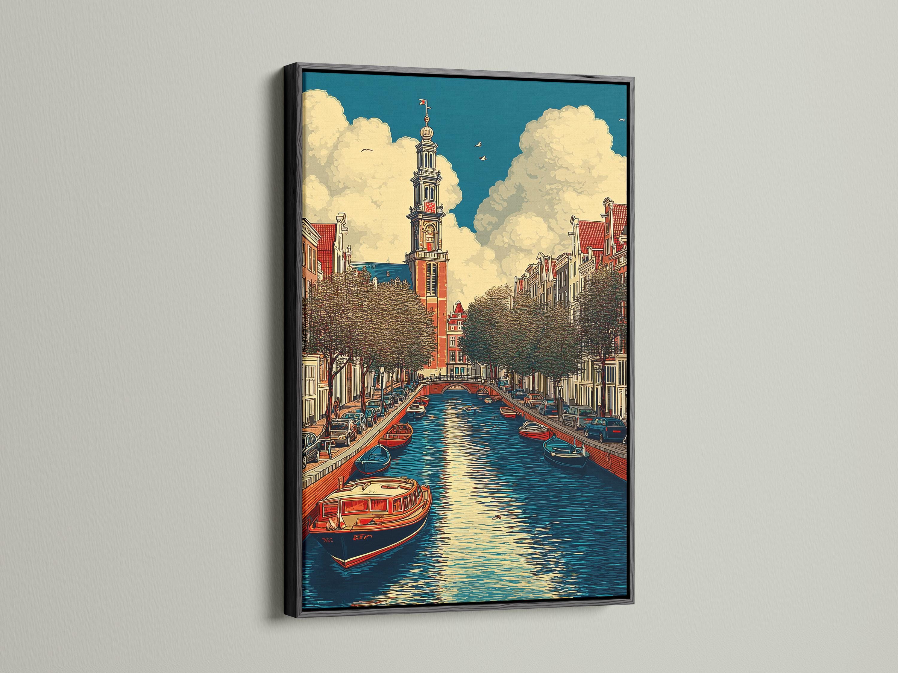 Stylised canal cityscape with boats, red-roofed buildings and a central tower under clouds detail view