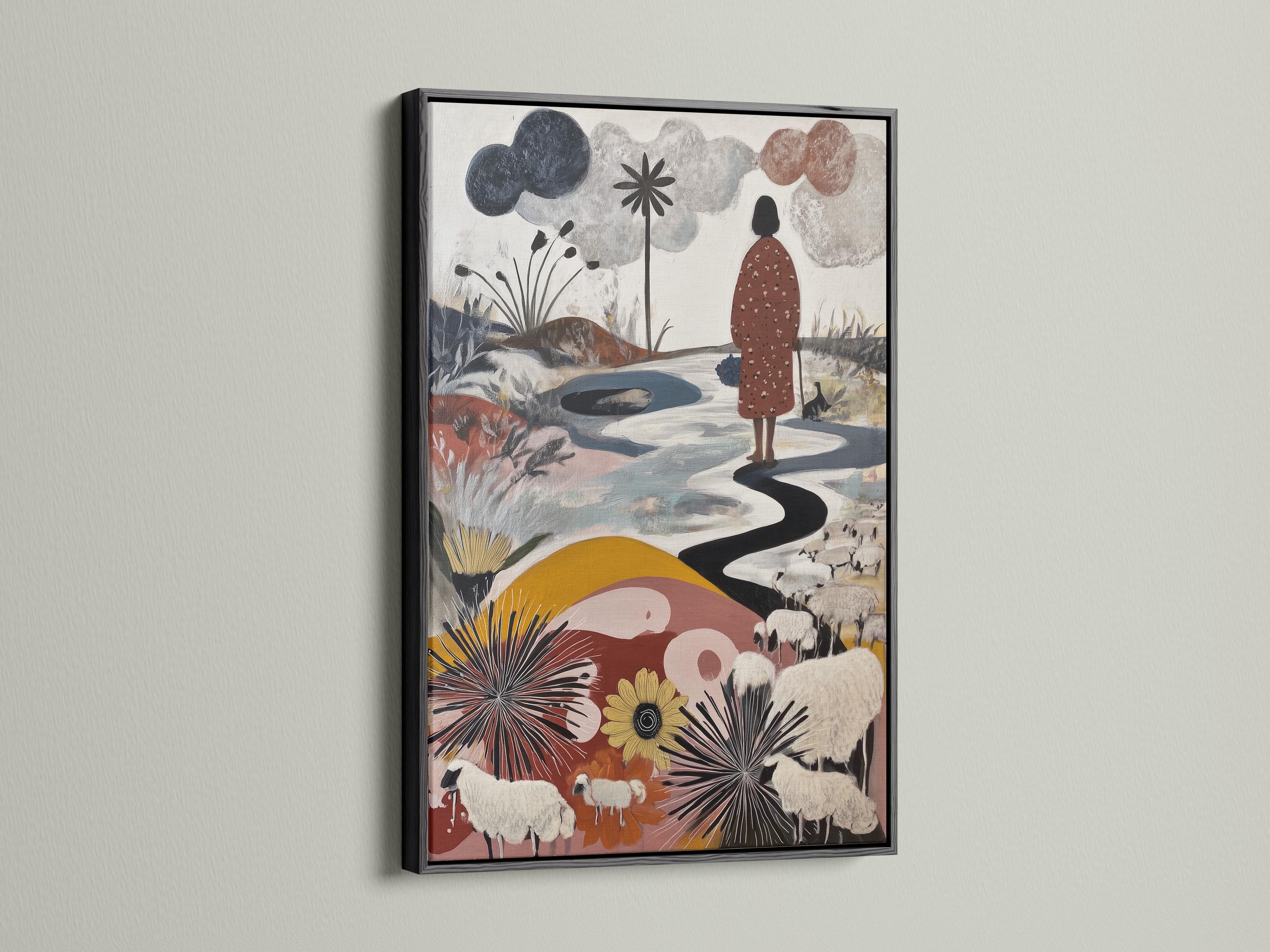 Neutral pastoral artwork with sheep, a standing figure, a winding path and stylised flowers detail view