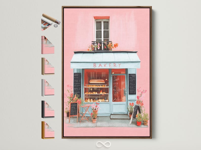 Pastel bakery shopfront illustration with flowers and a red “BAKERY” sign