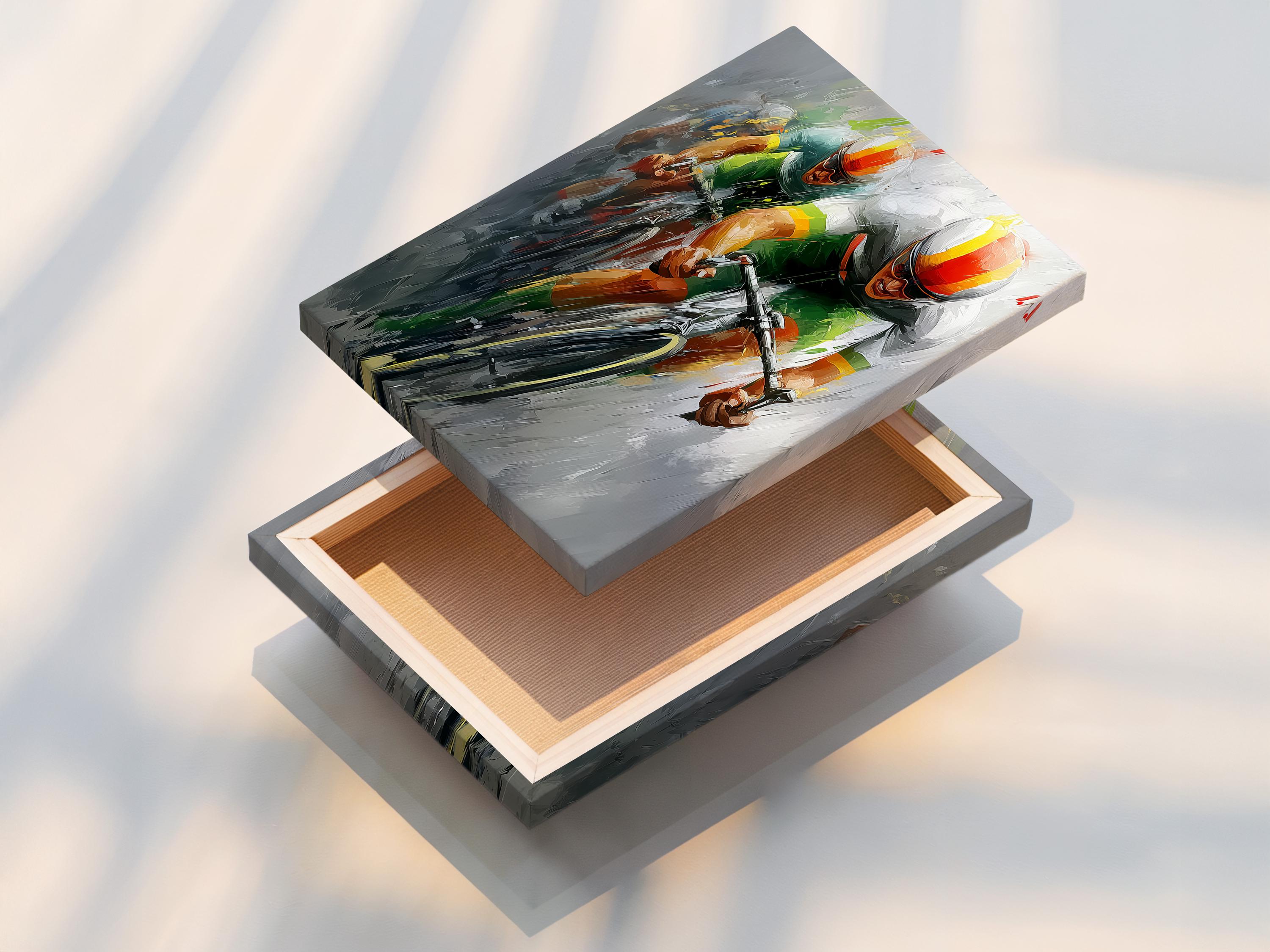 Room mockup showing framed abstract cycling artwork on a light wall