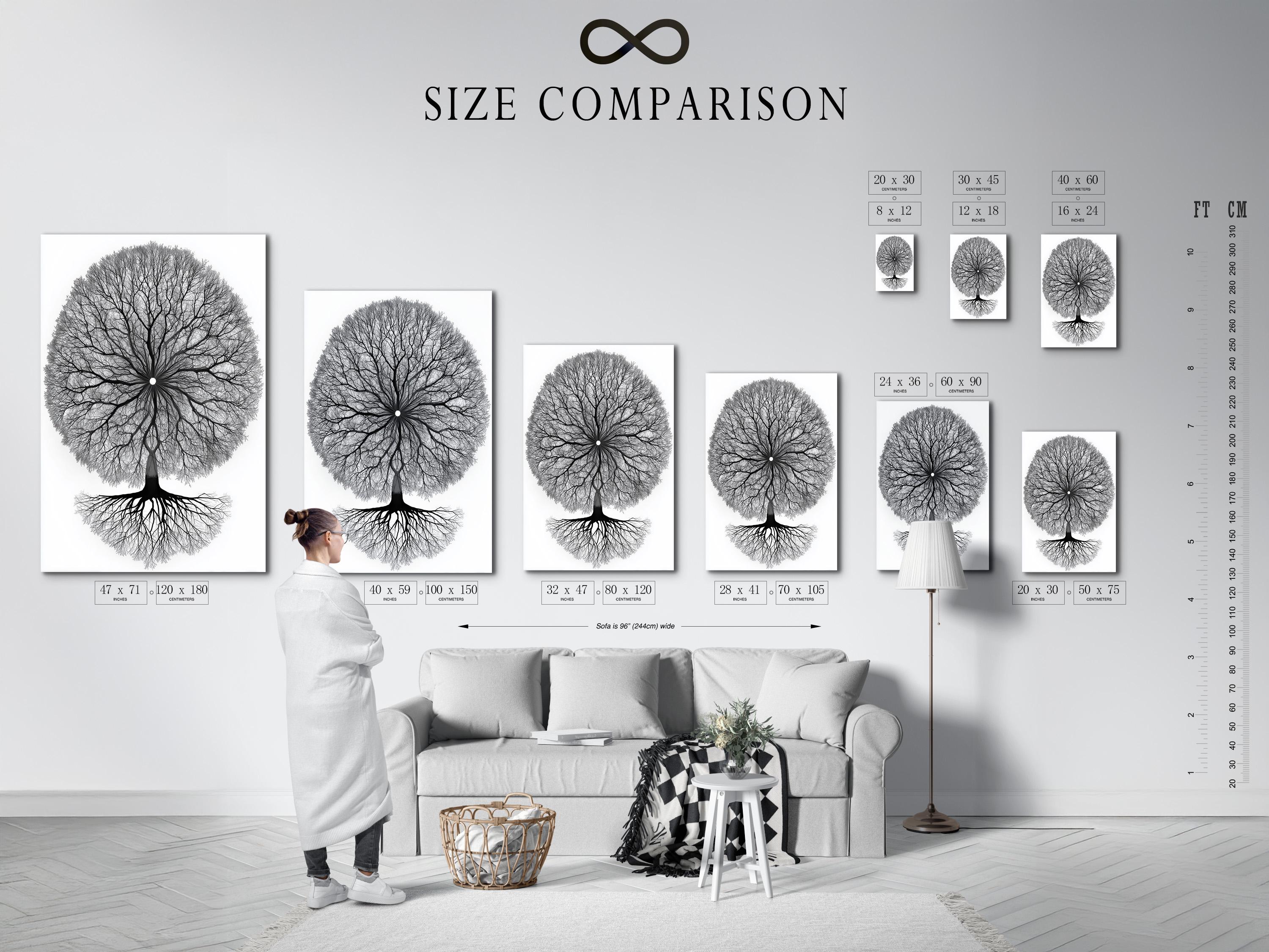 Monochrome tree of life artwork with a circular mandala-like canopy of branches and roots detail view