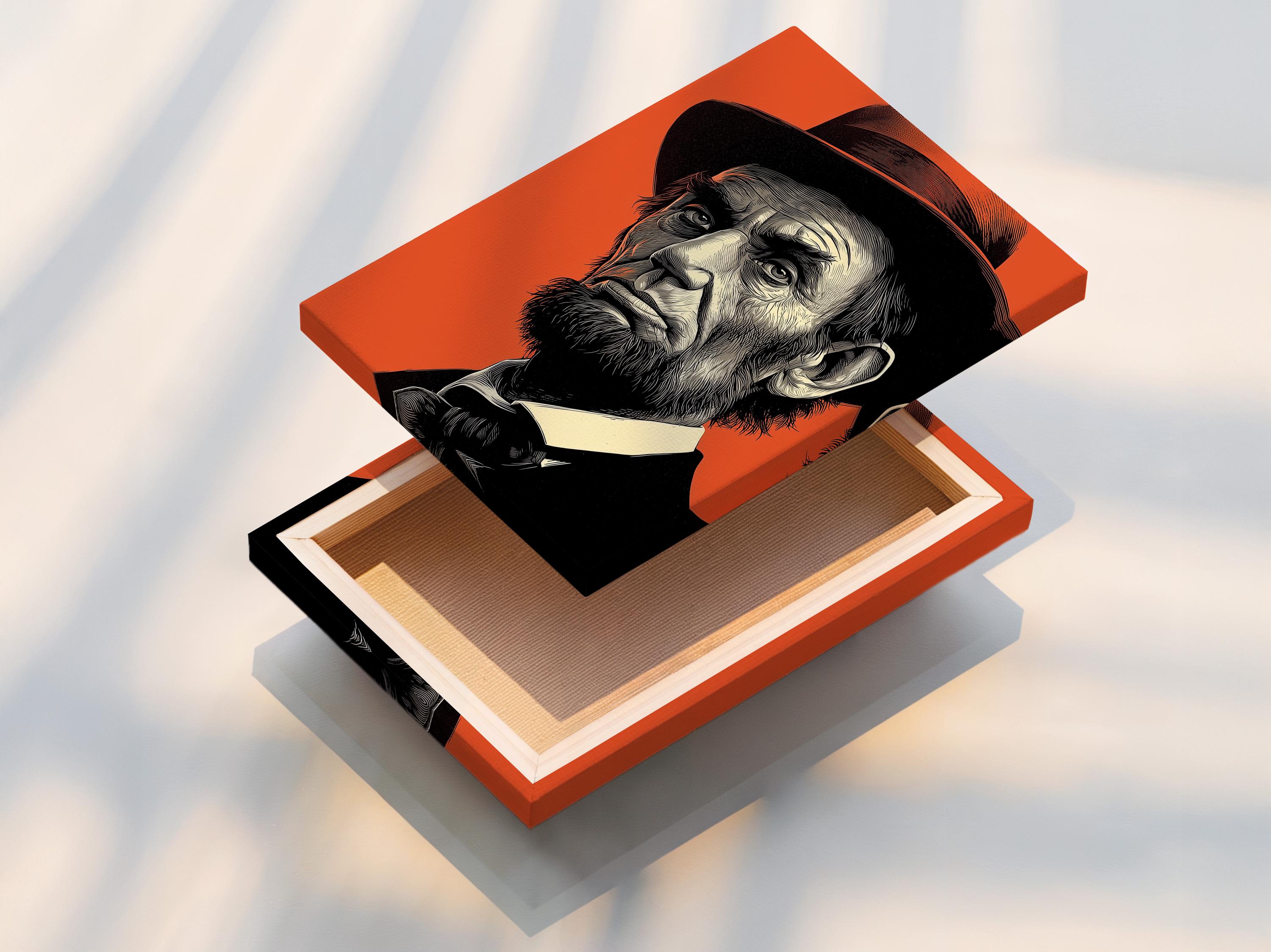 Mockup showing an orange and black engraved portrait artwork on a wall