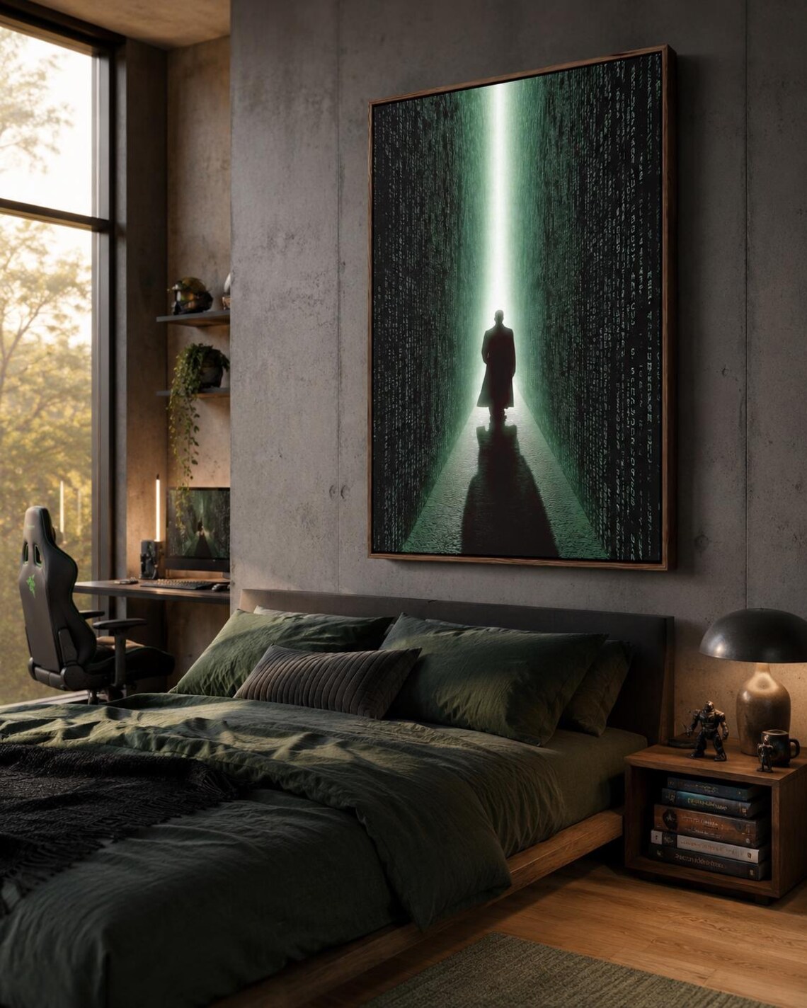 Room scene showing neon green cyberpunk corridor artwork with code-like characters