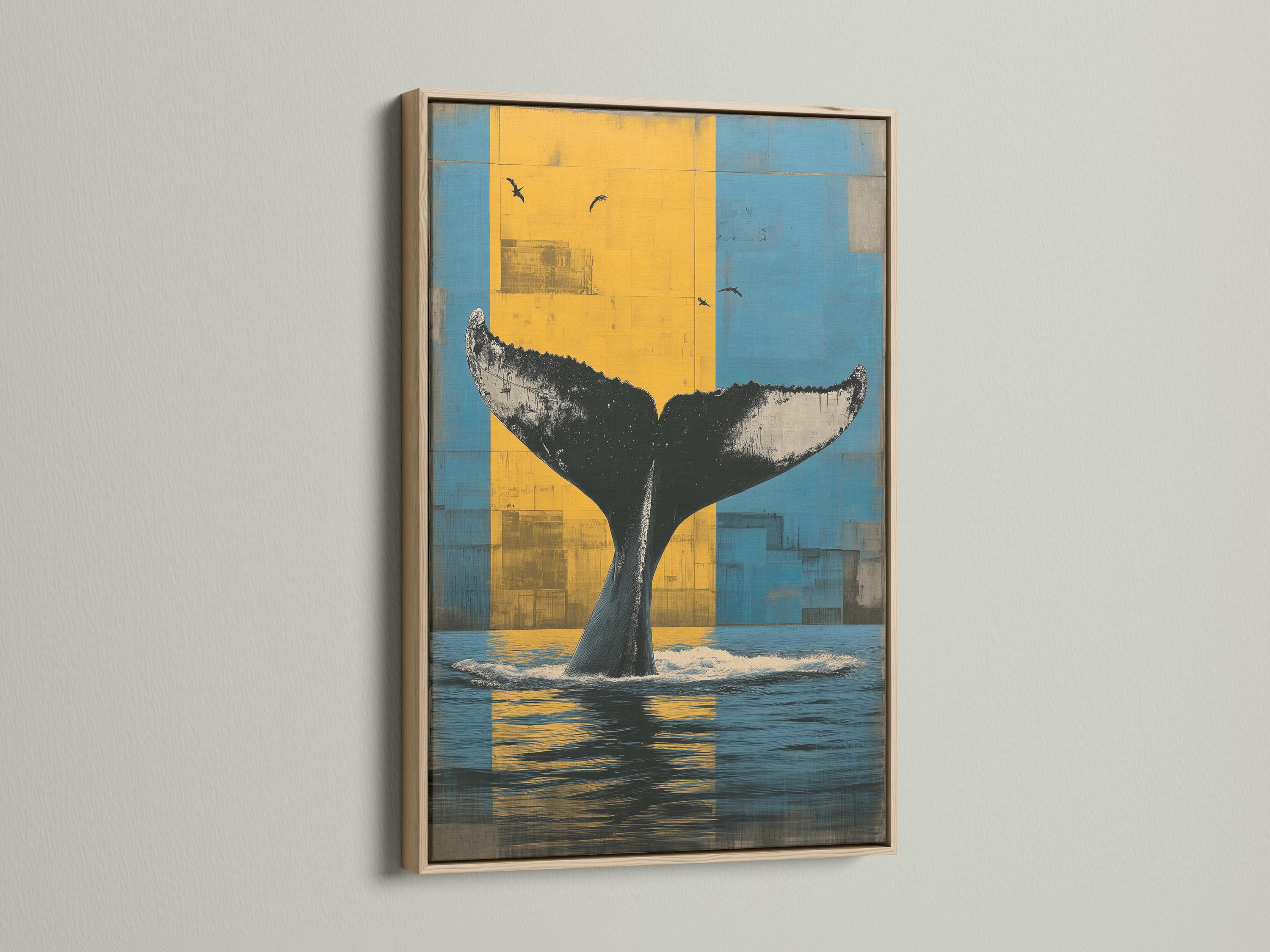 Room mockup showing framed whale tail ocean artwork above a sofa by windows