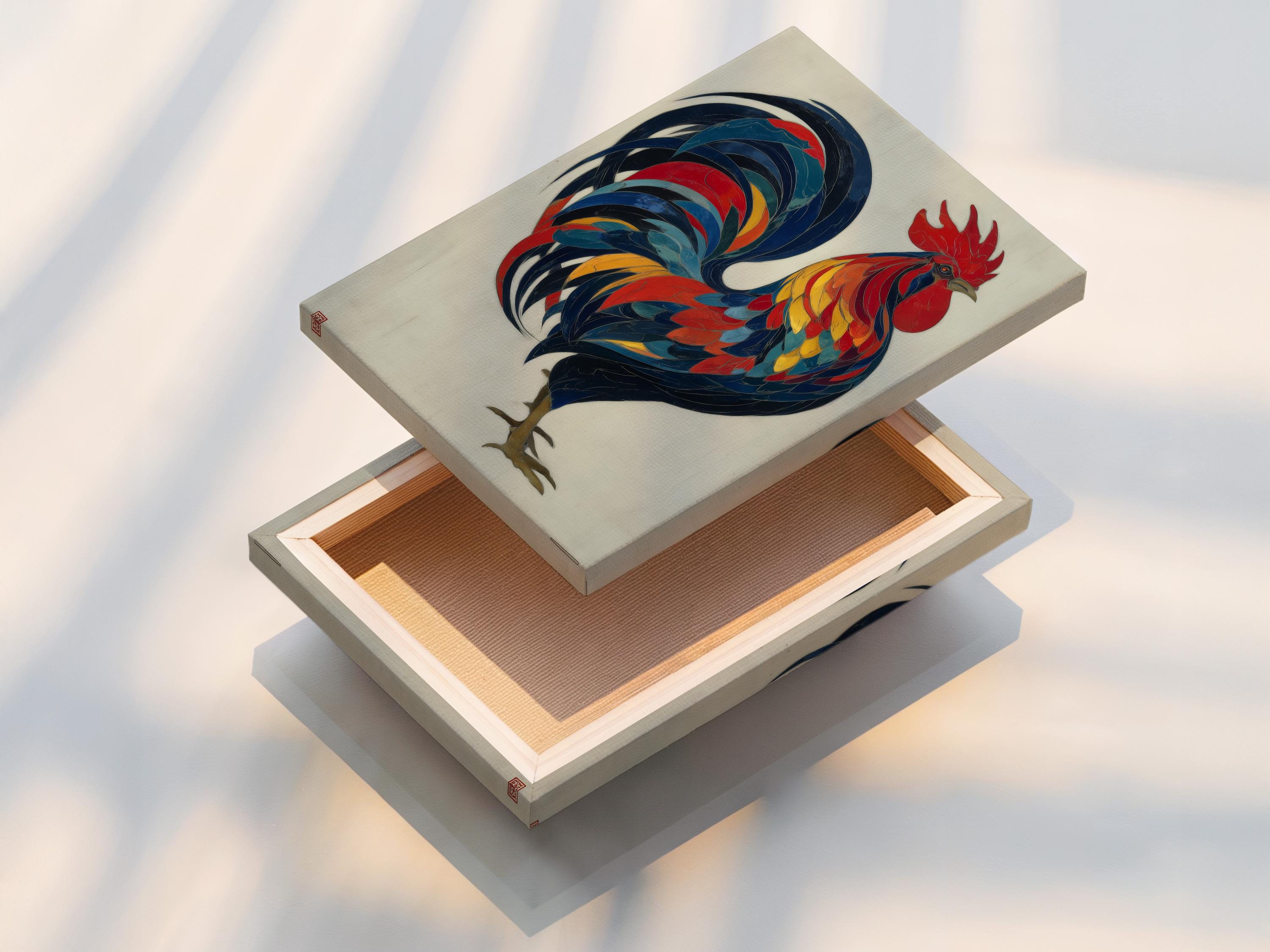 Colourful rooster illustration with layered red, blue and yellow feathers on an off-white background detail view