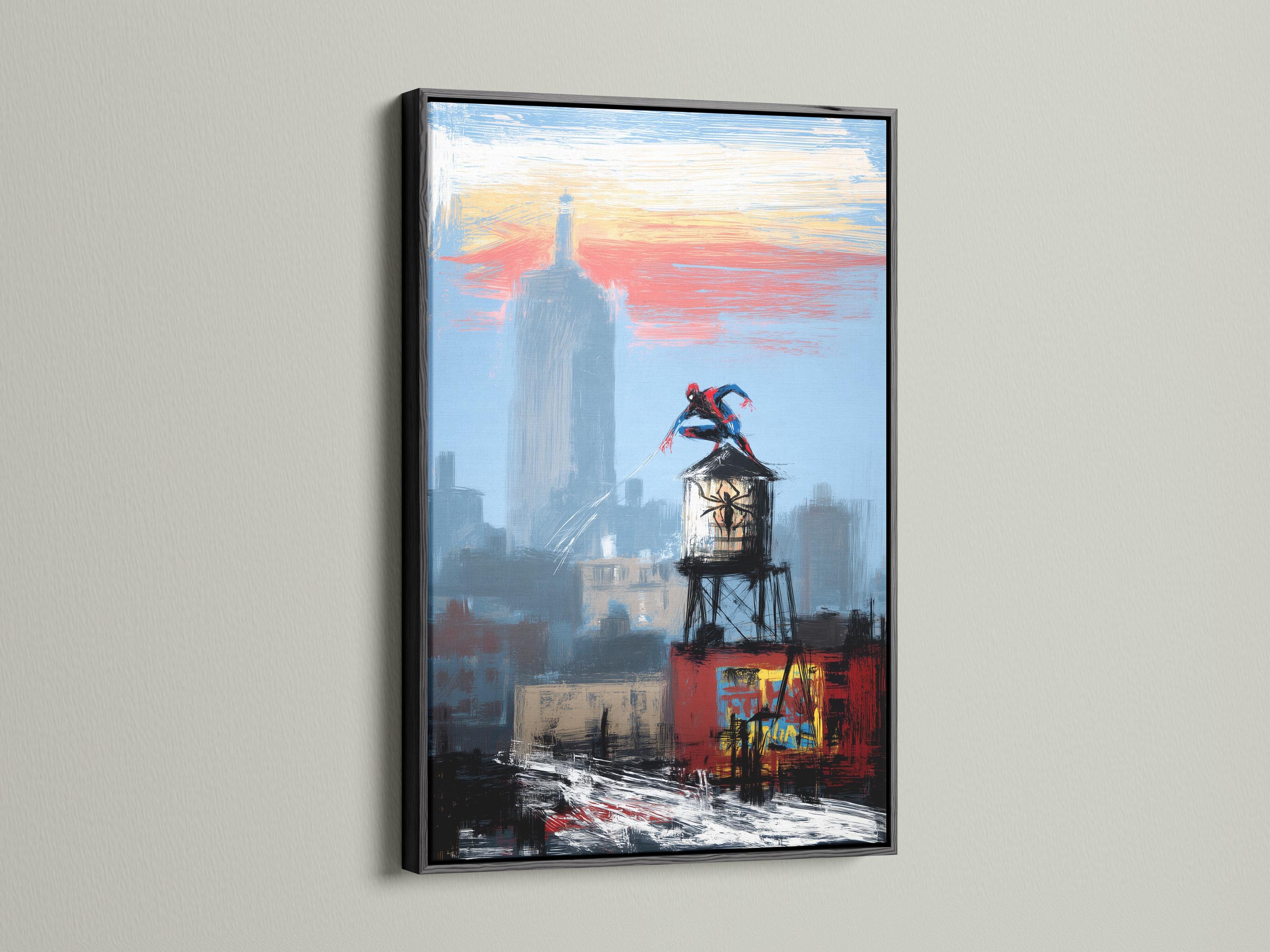 Framed blue city skyline artwork on a wall with a superhero figure and tall tower