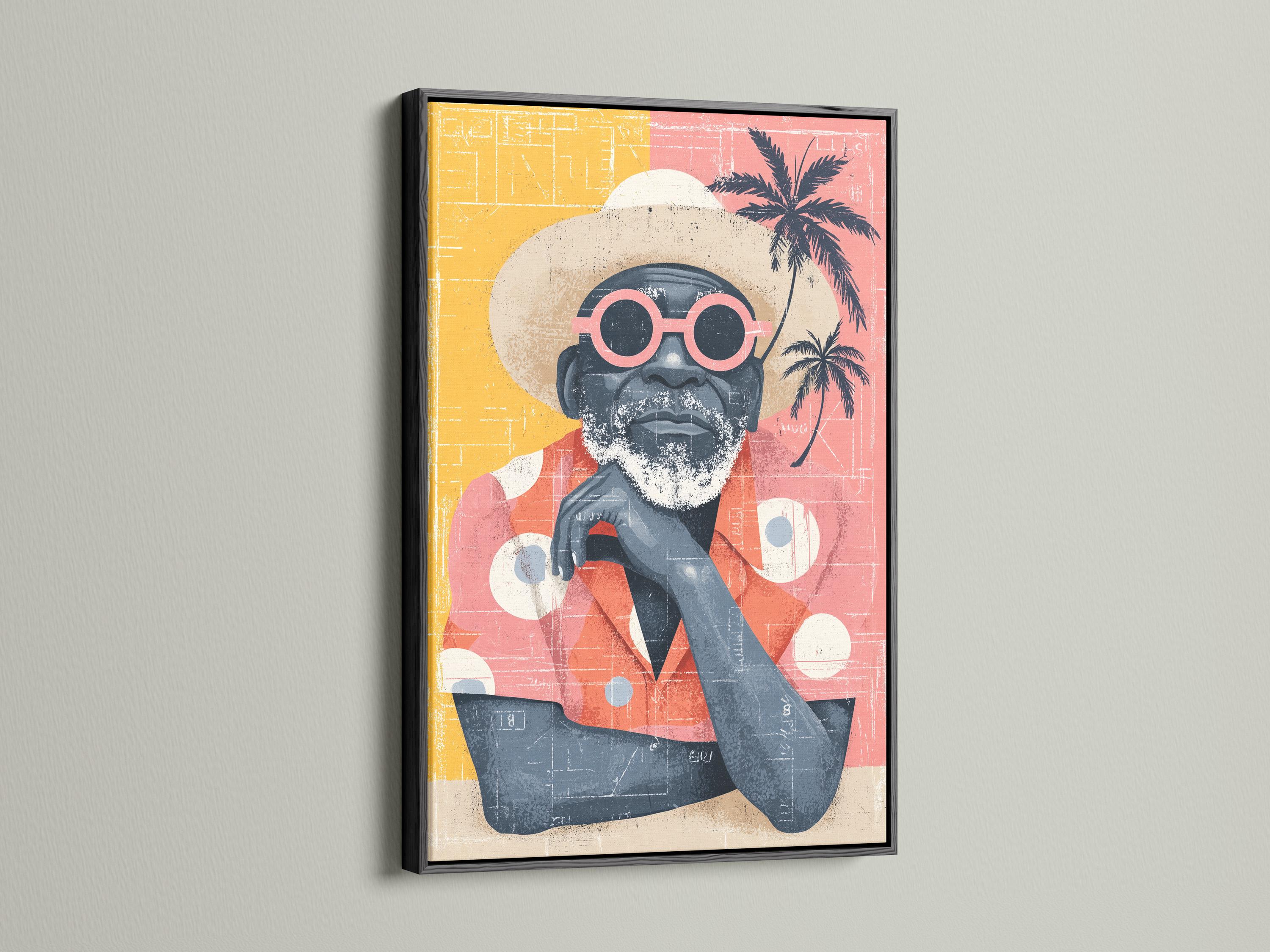 Retro portrait of a bearded man wearing oversized red-framed sunglasses with palm tree silhouettes detail view