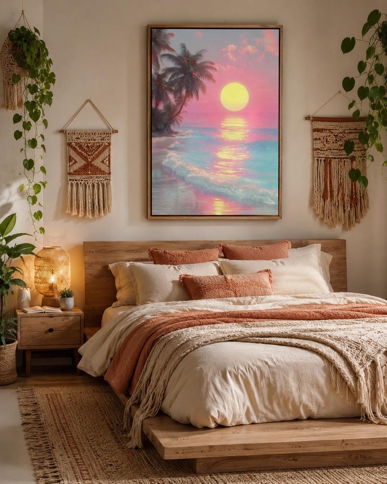 A framed tropical seascape shows a bright yellow sun over pink and turquoise water, with palm silhouettes and glowing reflections