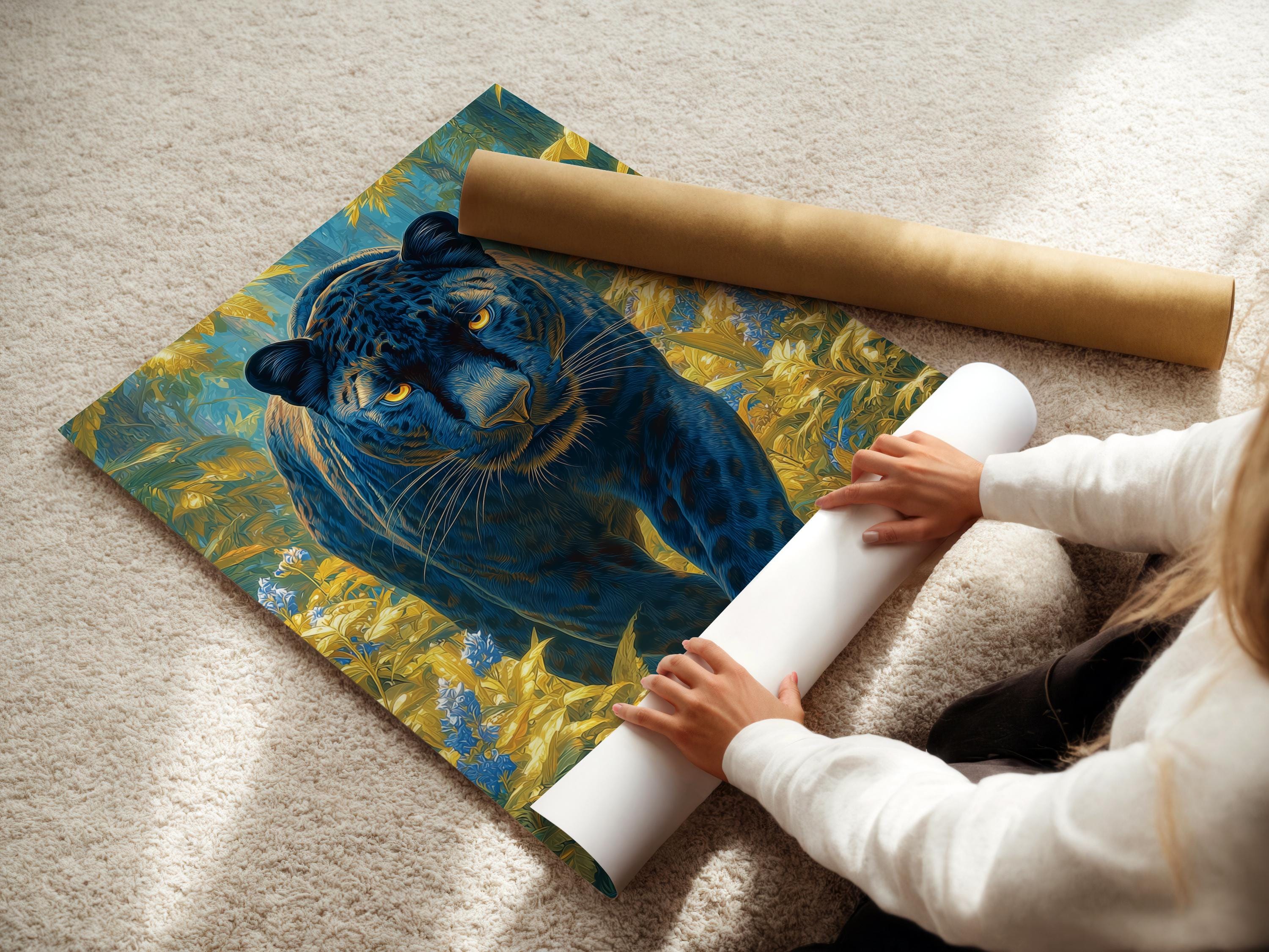 Stylised big cat with glowing golden eyes in a blue and gold jungle scene detail view