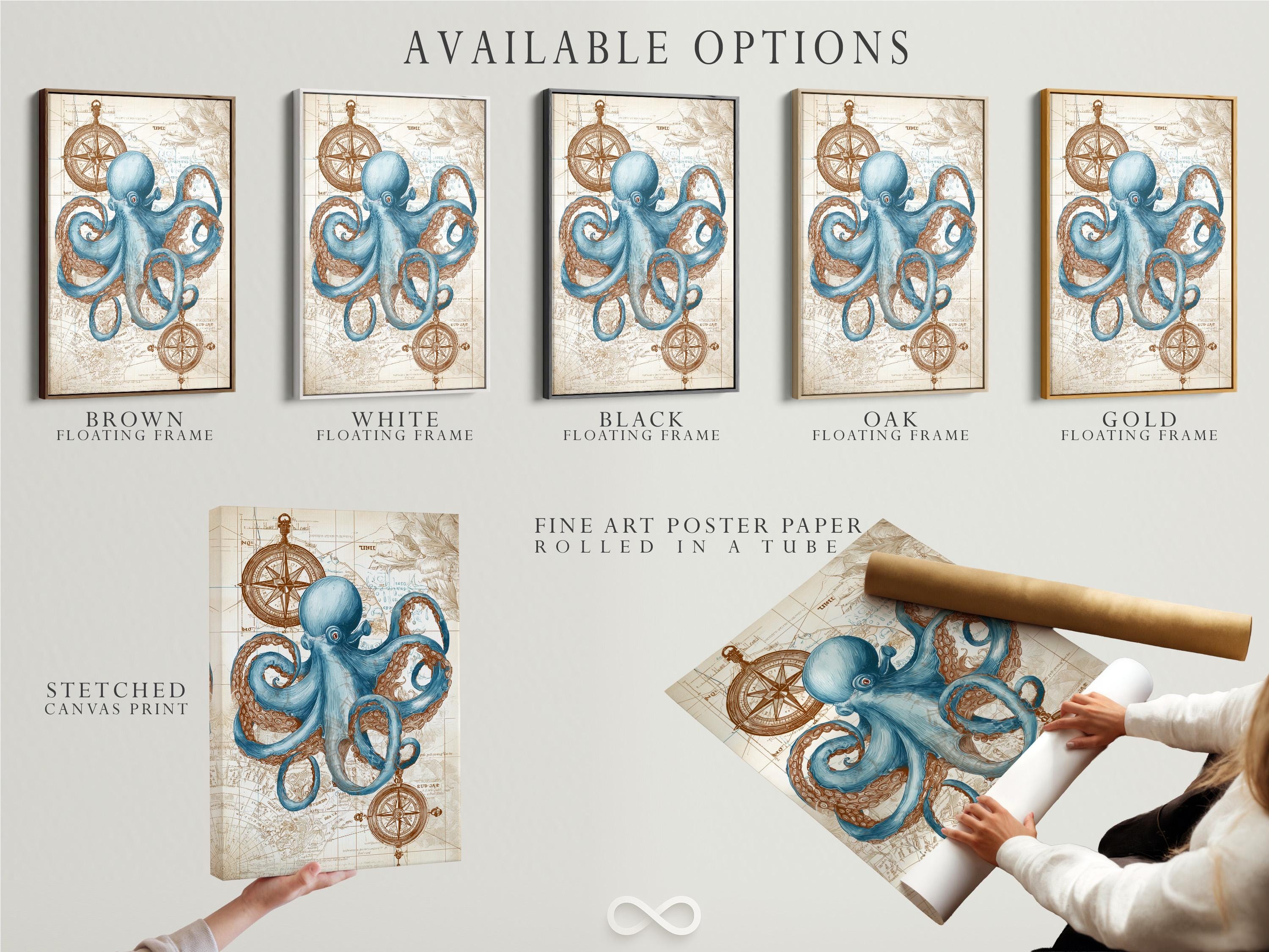 Blue octopus with curled tentacles over an antique map with compass rose motifs detail view