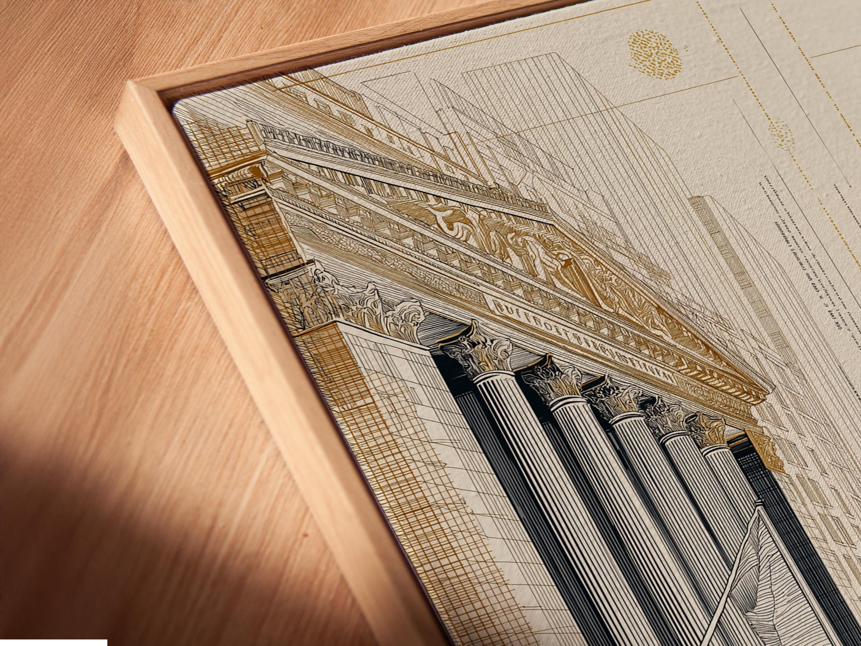 Gold bull and dark bear face-off in an architectural grid city drawing with beige background detail view