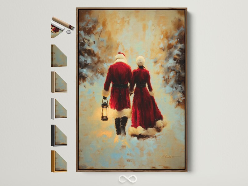 Painterly winter scene of a couple in red coats walking away with a glowing lantern