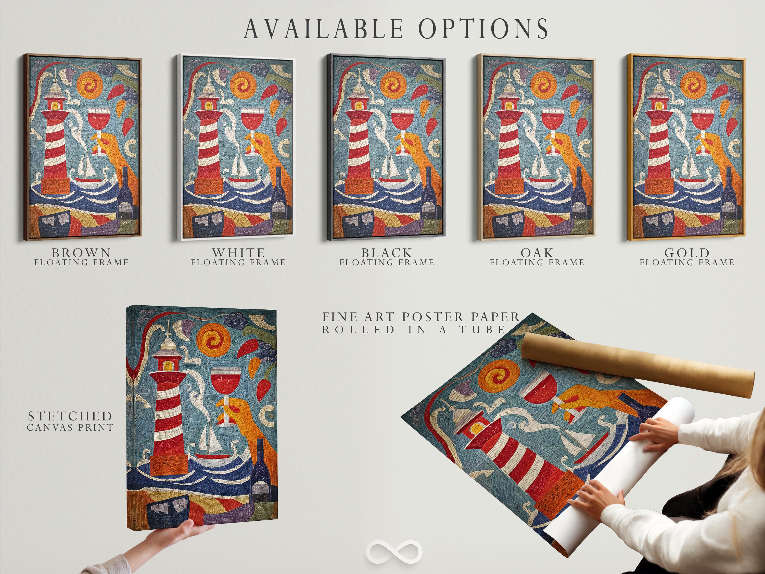 Mosaic lighthouse scene with curved waves in blue, red, white and gold tiles detail view