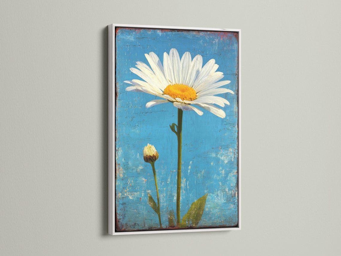 Daisy wall art in a framed mockup on a light background with other frame options
