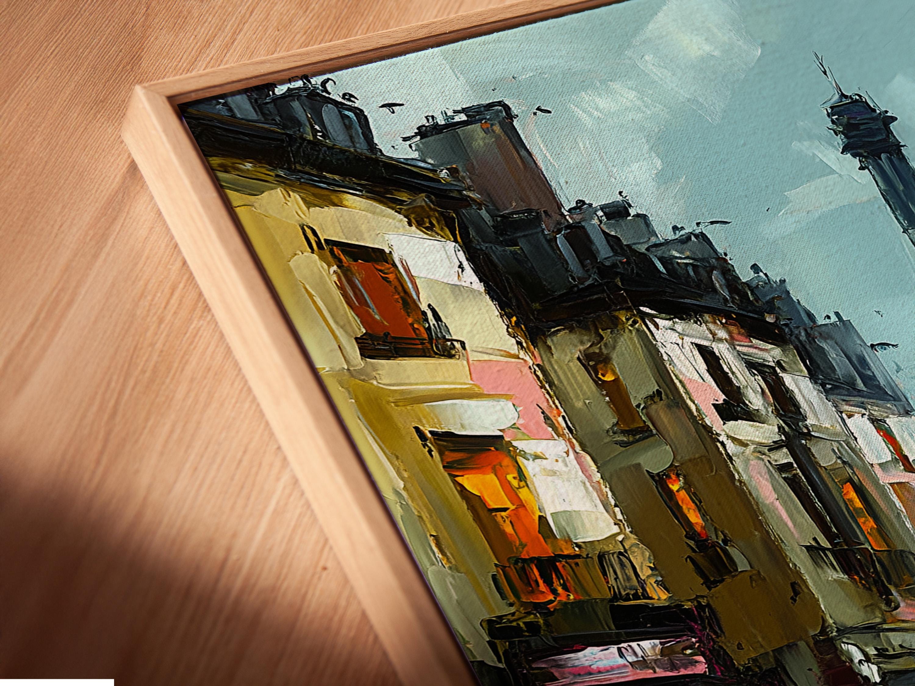 Wall mockup showing a framed Paris tower cityscape artwork with blue and pink colours