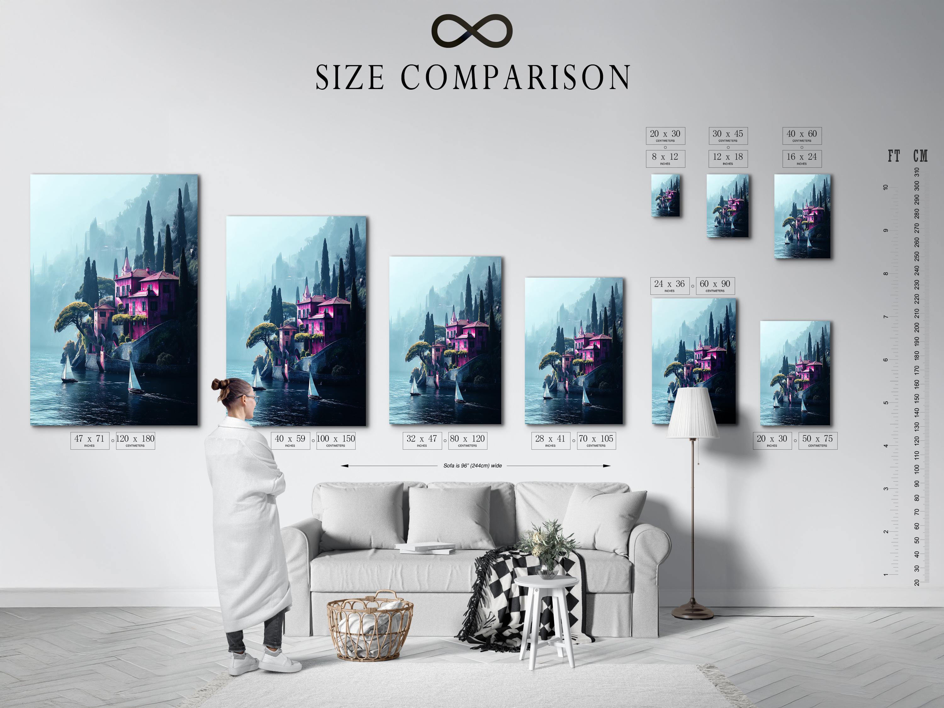 Pink villa lakeside landscape with tall cypress trees and sailboats on blue water detail view