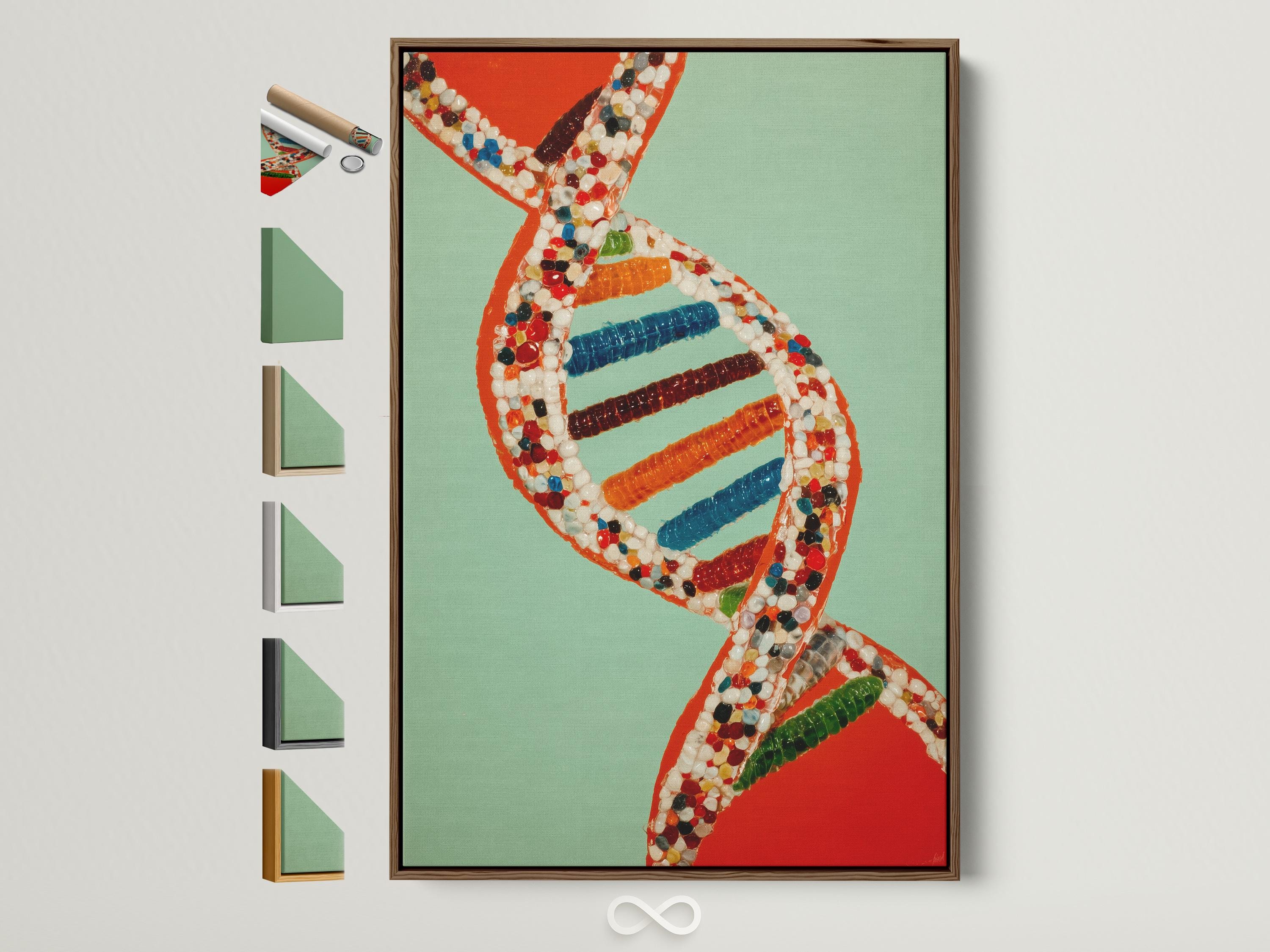 A researcher in a white lab coat stands next to a framed DNA double helix artwork