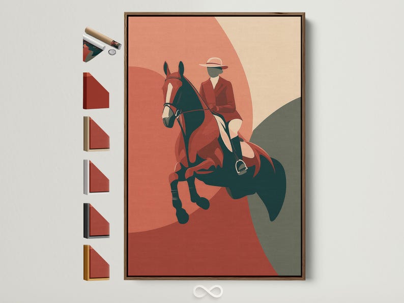 A stylised equestrian rider sits on a dark horse, set against a warm rust-red and beige abstract background with bold green and grey shapes