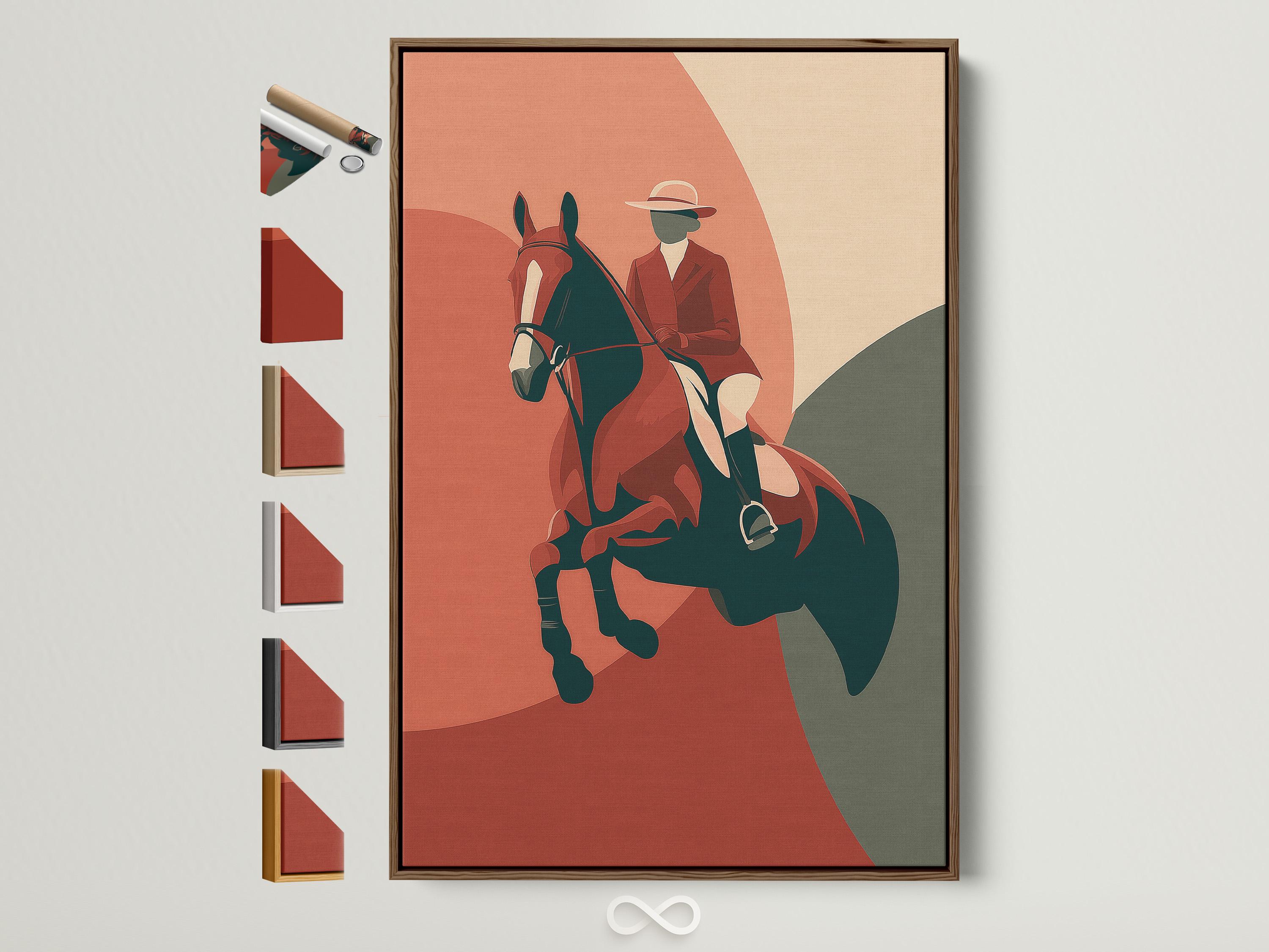 A stylised equestrian rider sits on a dark horse, set against a warm rust-red and beige abstract background with bold green and grey shapes