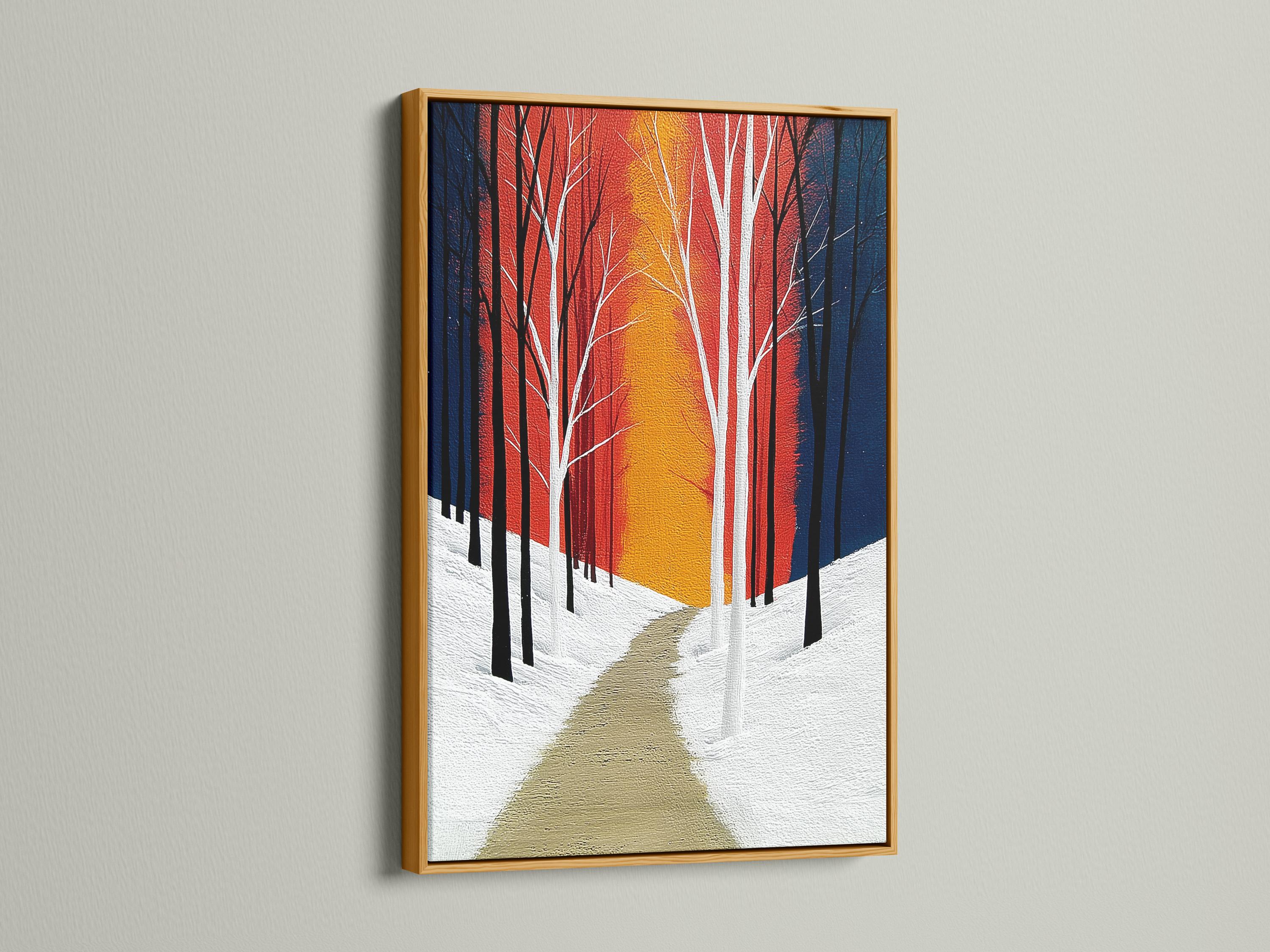 Winter forest artwork with tall leafless trees, a snowy path, and red blue gold sunset colours detail view