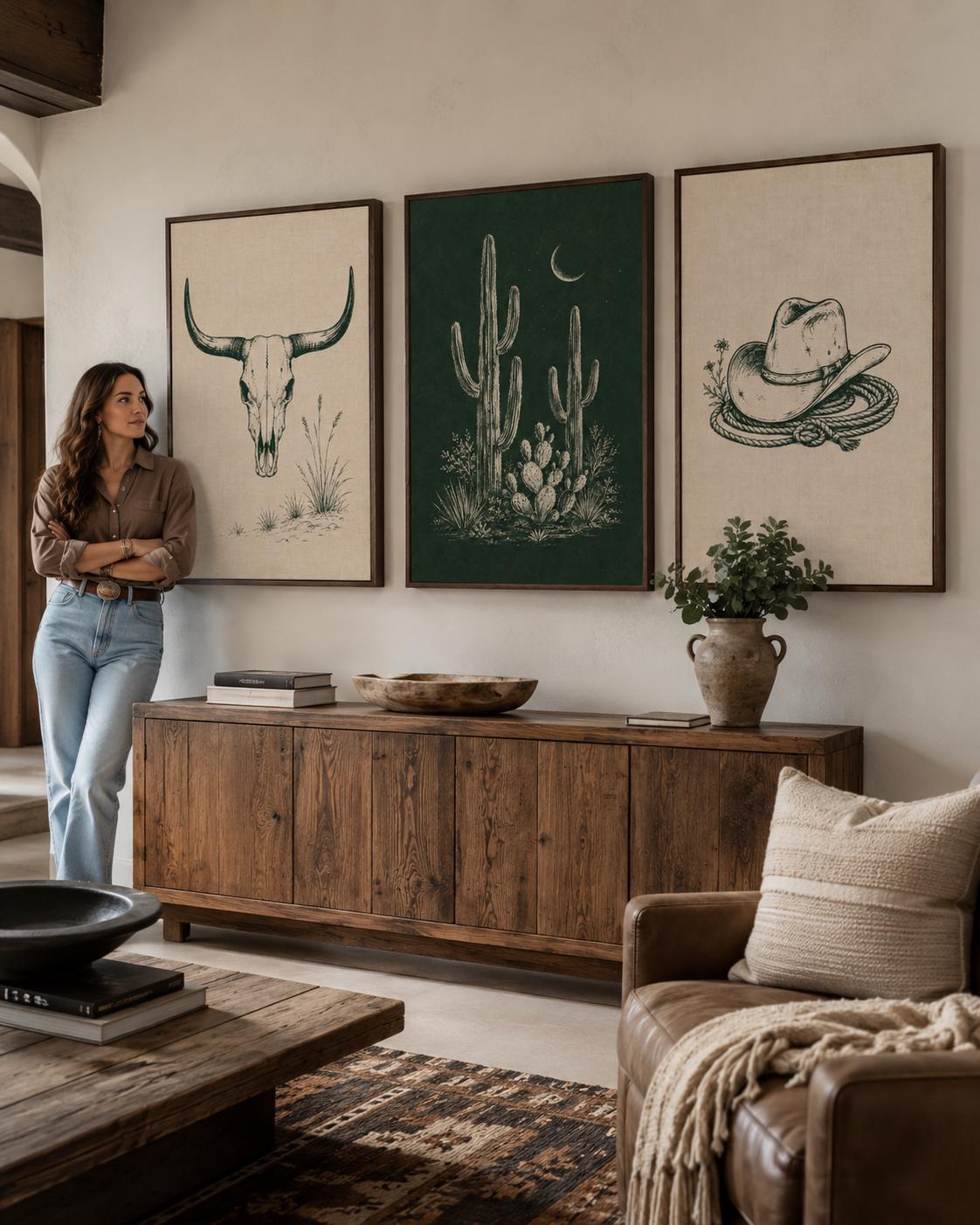 Three framed Western illustrations: cow skull, cacti with a crescent moon, and a cowboy hat with rope
