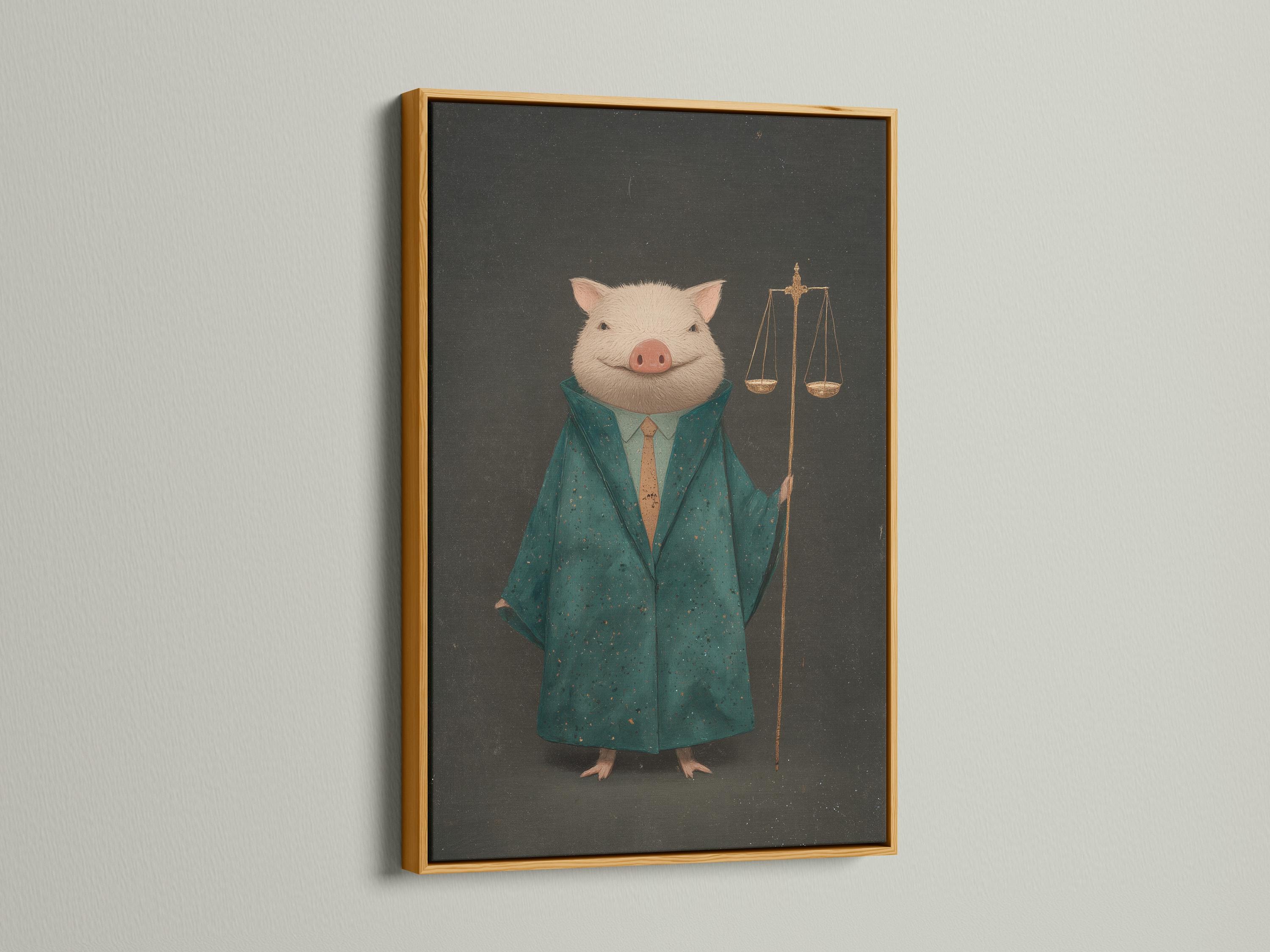 A pig in a teal suit with hanging gold scales on a dark textured background detail view