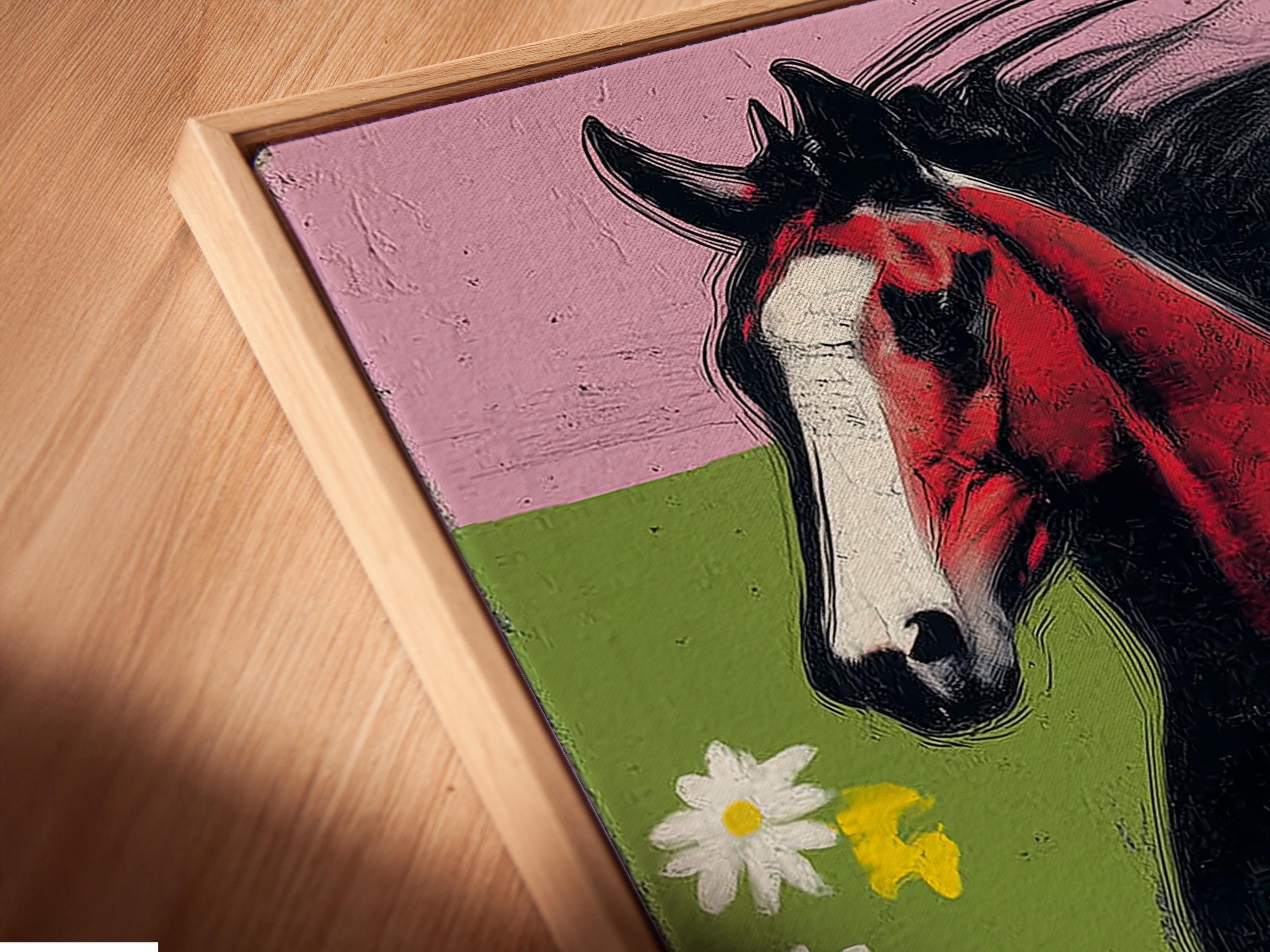 Running horse in red and black with a green meadow and colourful flowers detail view