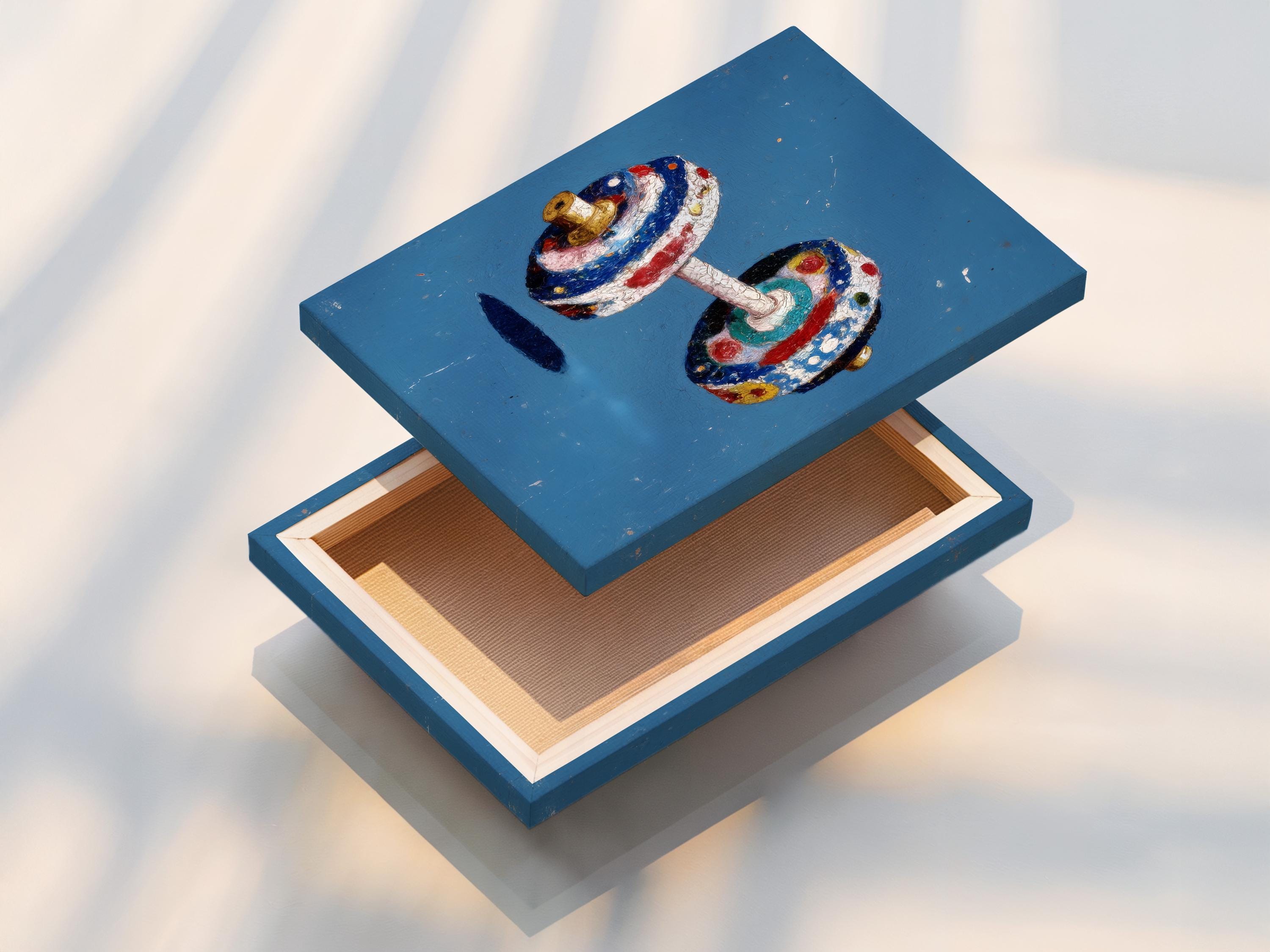 Stylised dumbbell weights illustration on a distressed blue background with red, white and gold accents detail view