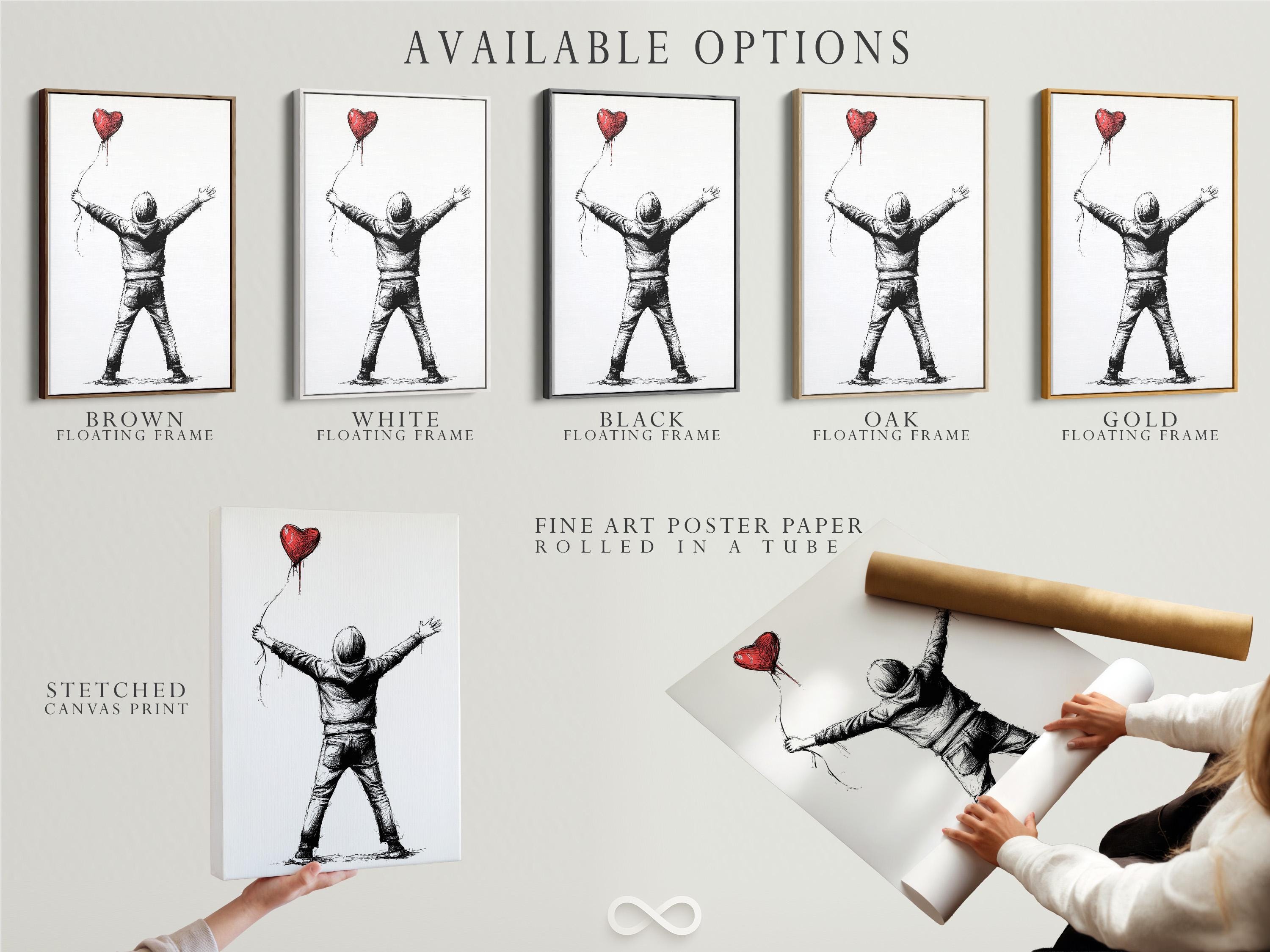 Framed wall art mockup showing a boy holding a red heart-shaped balloon