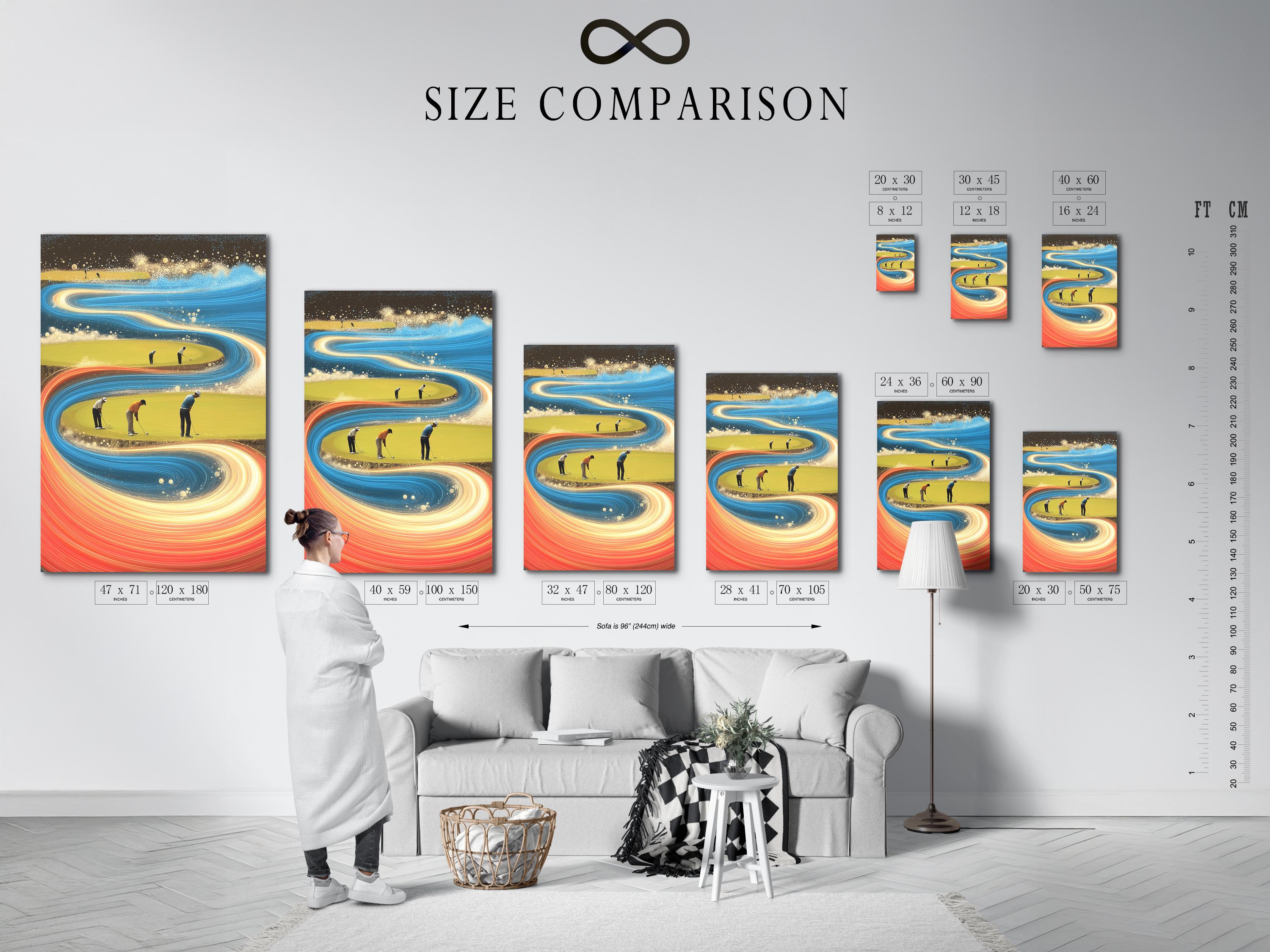 Abstract golf course scene with swirling blue and gold motion bands and small golfer figures detail view
