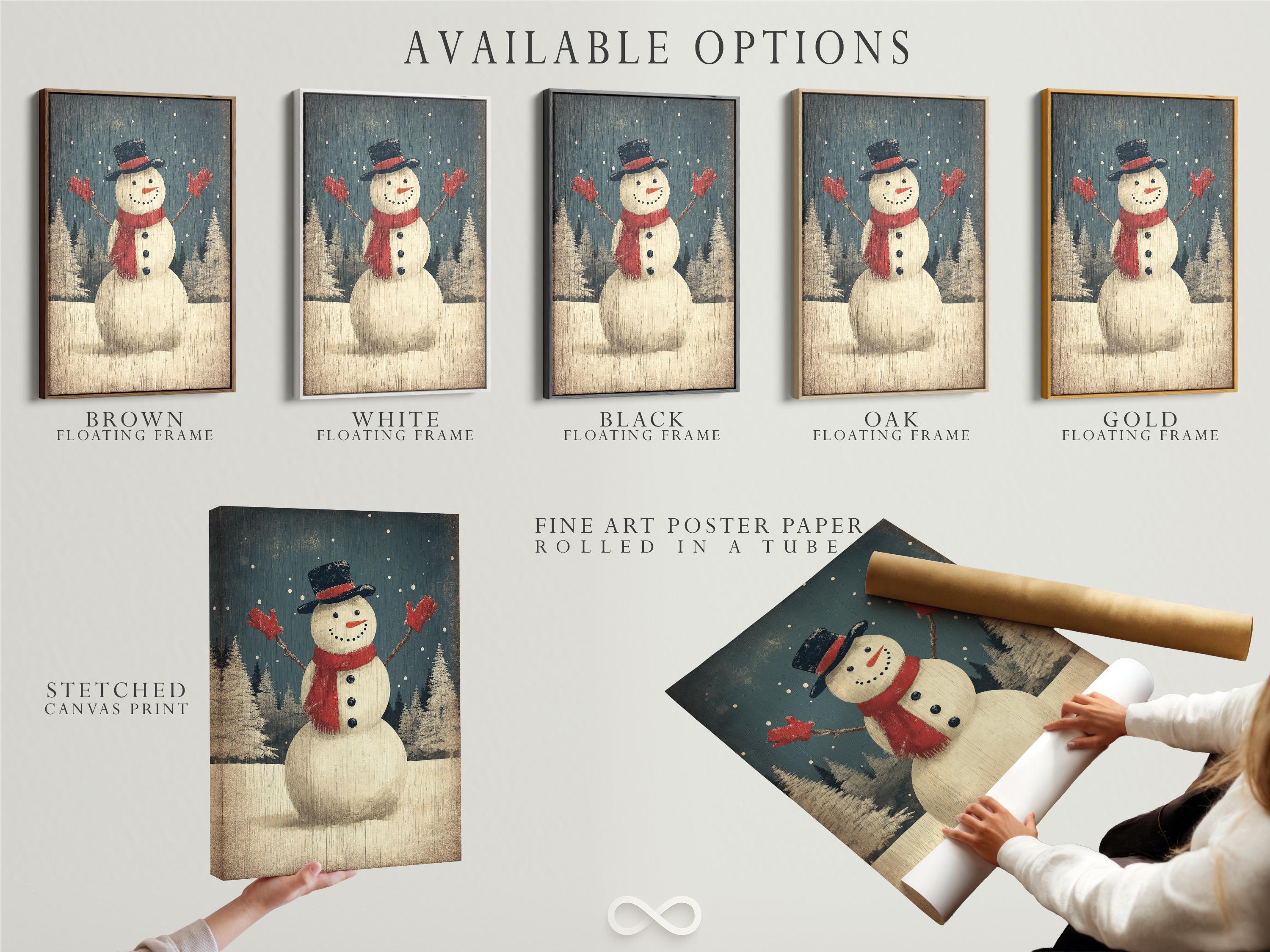 Snowman standing in falling snow with a dark top hat and red scarf in a winter forest scene detail view