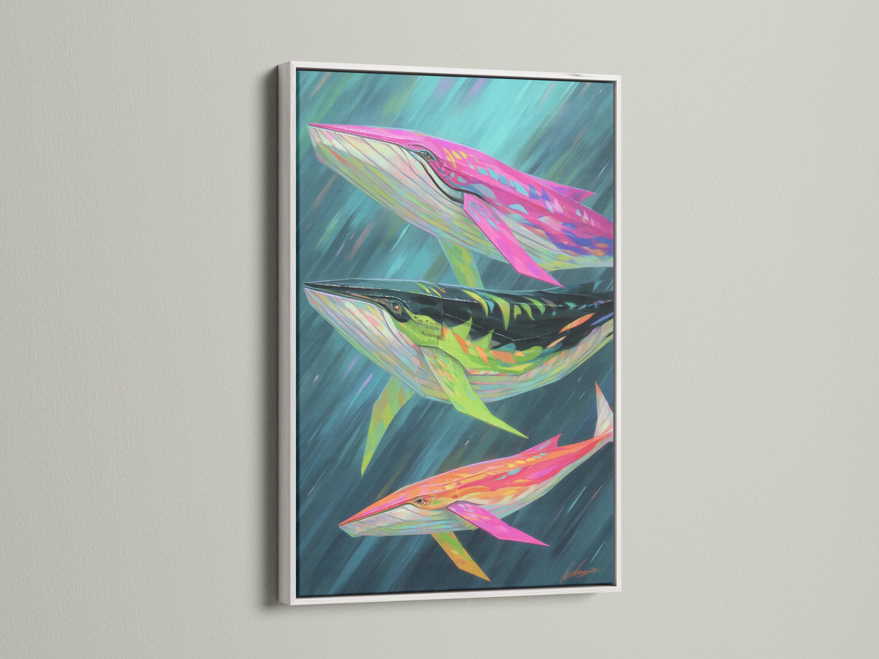 Artwork mockup showing a framed whale ocean illustration on a light background with colour variants