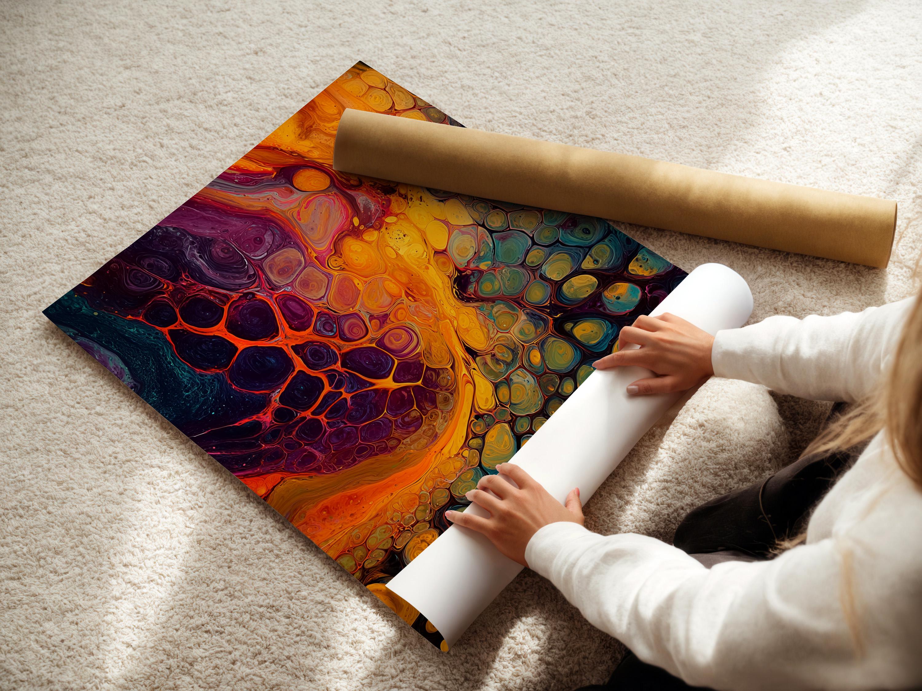 Abstract fluid artwork with gold, purple, teal and orange flowing bubble-like shapes detail view