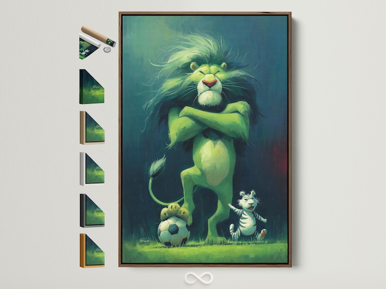 A cartoon-style green lion figure with a raised paw faces forward, with a smaller striped tiger and a soccer ball below on a blue-green background