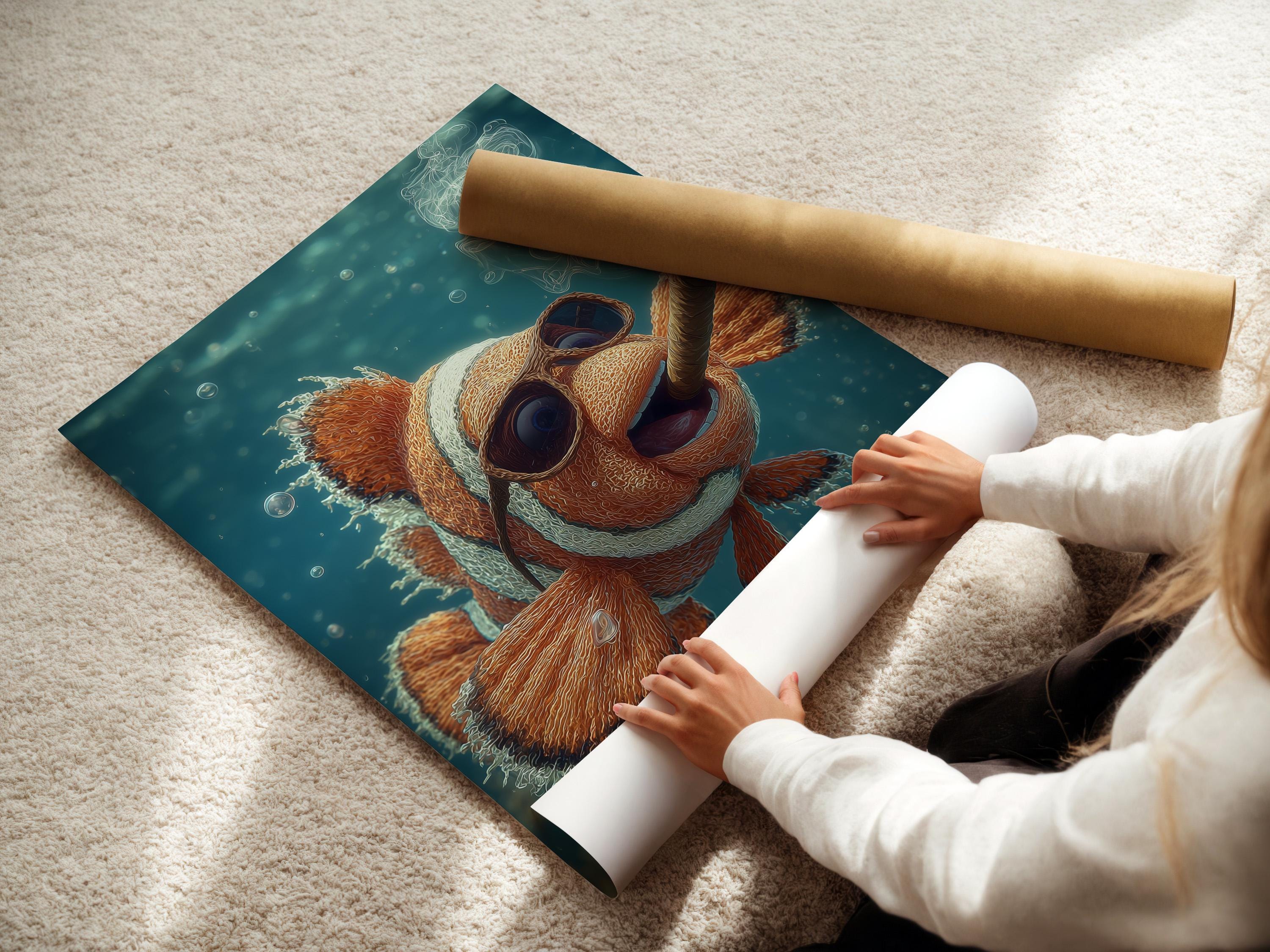 Illustrated clownfish swimming underwater with orange coral, bubbles, and wispy smoke-like curls detail view